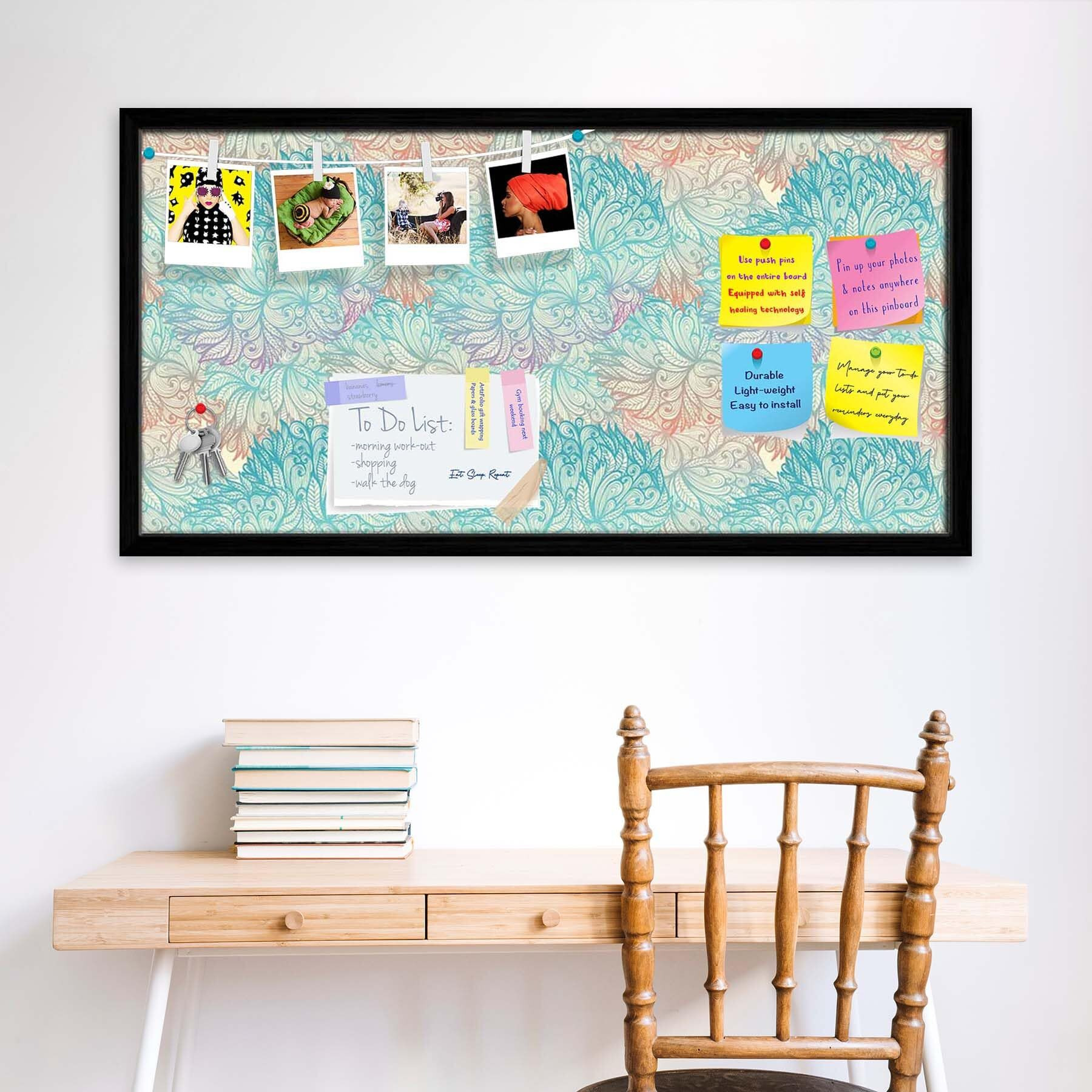 ArtzFolio Vintage Cloudy | Bulletin Board Notice Pin Board | Vision Soft Board Combo with Thumb Push Pins & Sticky Notes | Black Frame | 24 x 12 inch (61 x 30 cms)