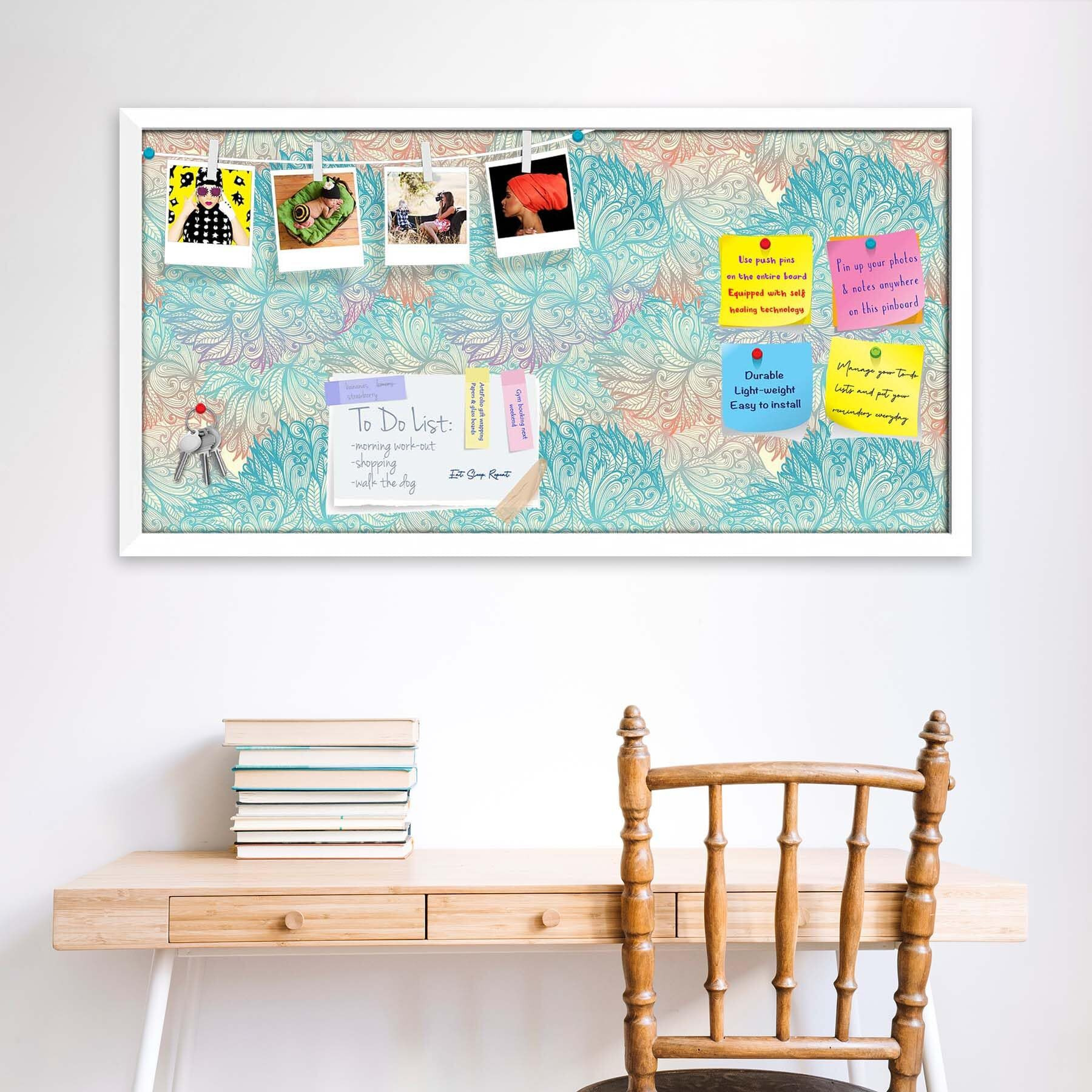 ArtzFolio Vintage Cloudy | Bulletin Board Notice Pin Board | Vision Soft Board Combo with Thumb Push Pins & Sticky Notes | White Frame | 24 x 12 inch (61 x 30 cms)
