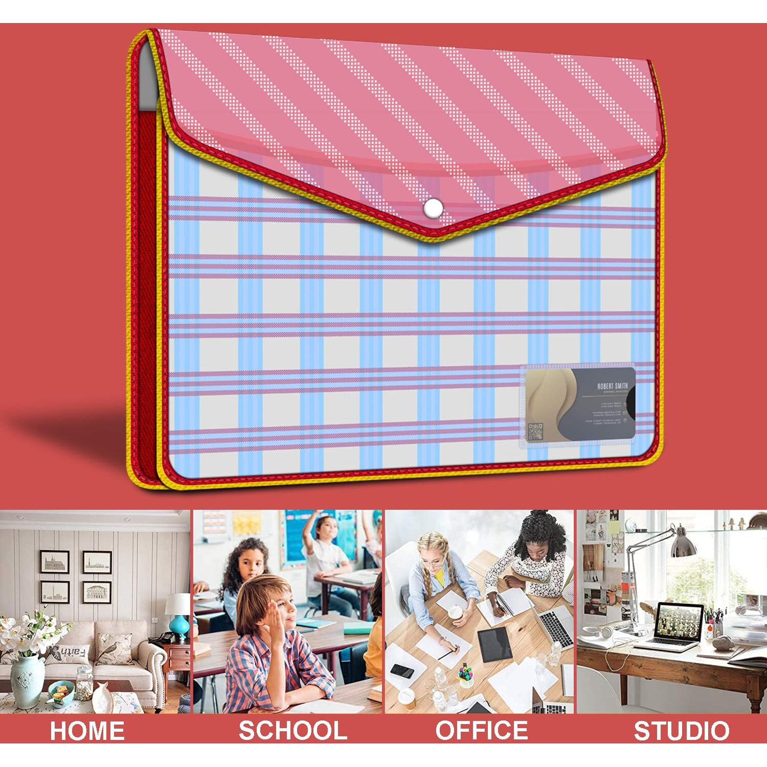 FEDUS 4 Pack Documents Holder Envelope Folder, Stylist Printed File Storage Bag with Snap Button Transparent Plastic File for documents Certificate File Document Folder for Certificate (RED, PACK OF 4)
