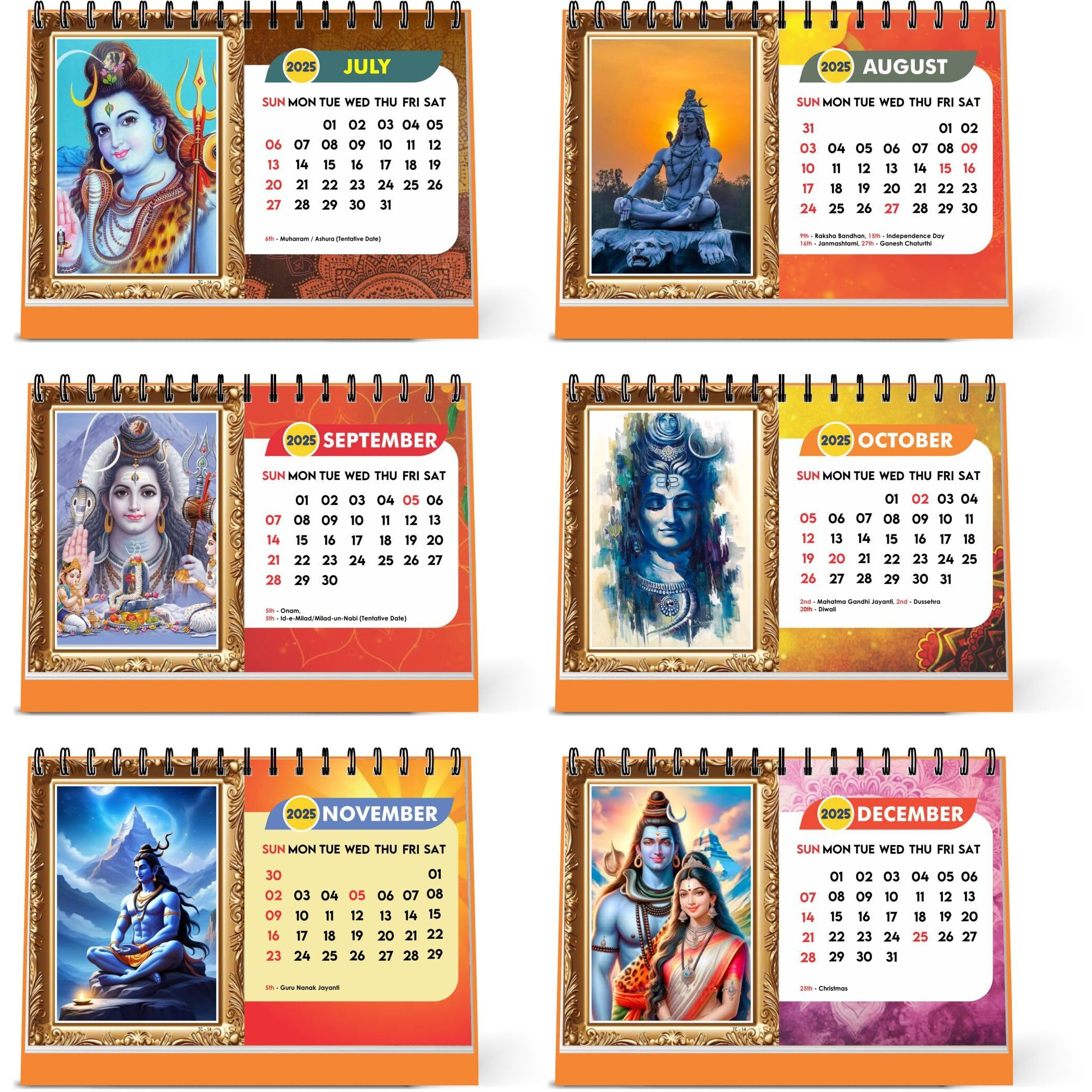 ESCAPER Lord Shiva Desk & Office Table Calendar 2025 (Pack of 15 Units), Religious Hindu God 12 Monthly Pages with Thick Paper Twin-Wire Binding Table Calendar 2025 (A5 Size, 8.5" x 5.5")