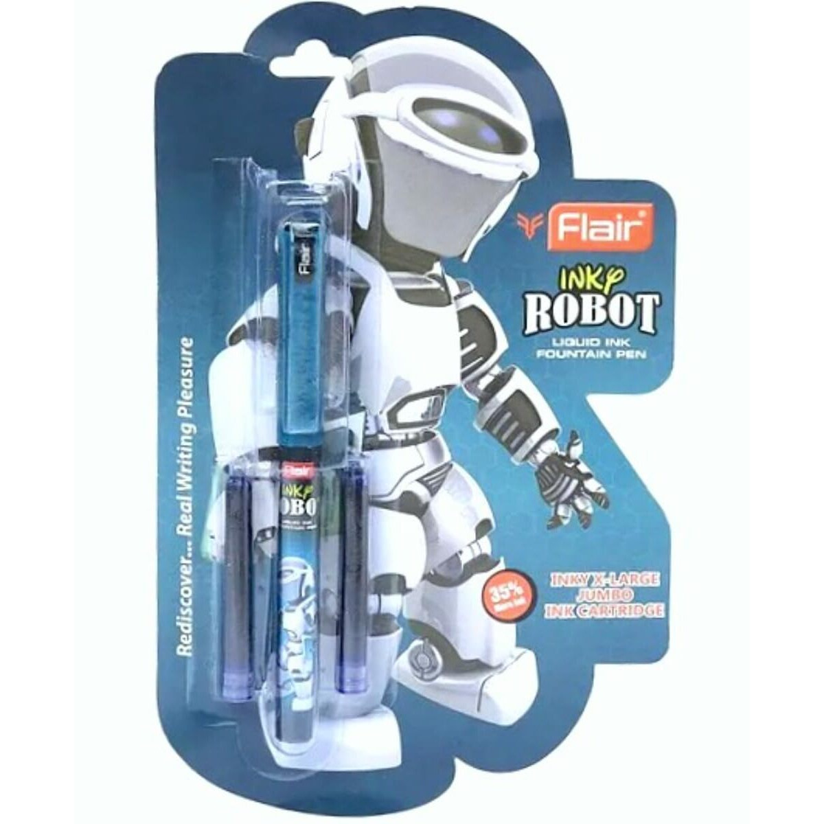 FLAIR Inky Series Robot Liquid Ink Fountain Pen Blister Pack | Free 2 Pieces X-Large Jumbo Cartridges With Each Pack | Cute & Stylish Pen For Kids Girls Students Teens Gifts | Blue Ink, Pack Of 2