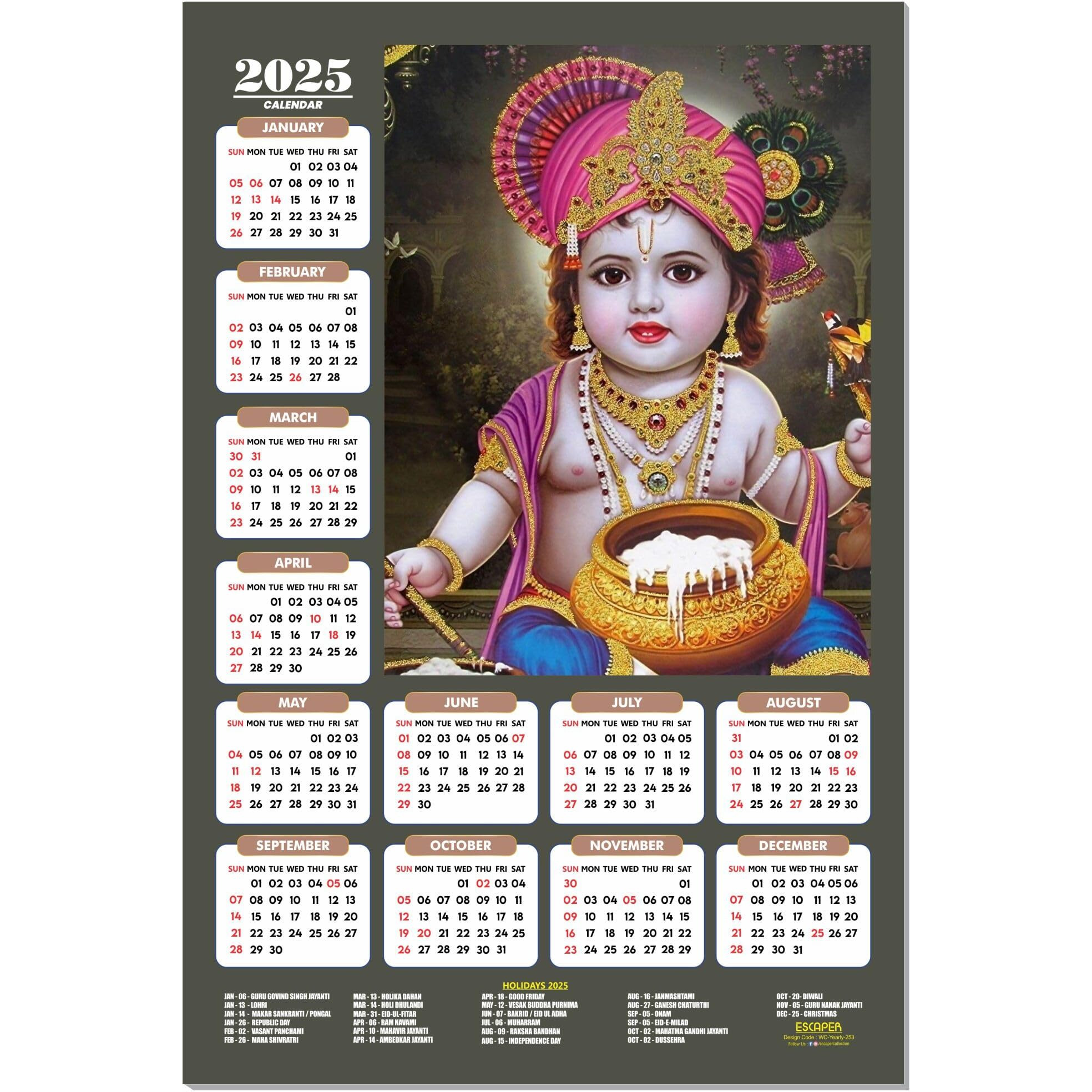 ESCAPER Shree Krishna Wall Calendar 2025 (45 x 30 cm) - Radha Krishna Wall Decor, Laddu Gopal Photo, Bal Krishna Wall Calendar 2025, Religious Wall Calendar 2025, Bal Gopal Photo