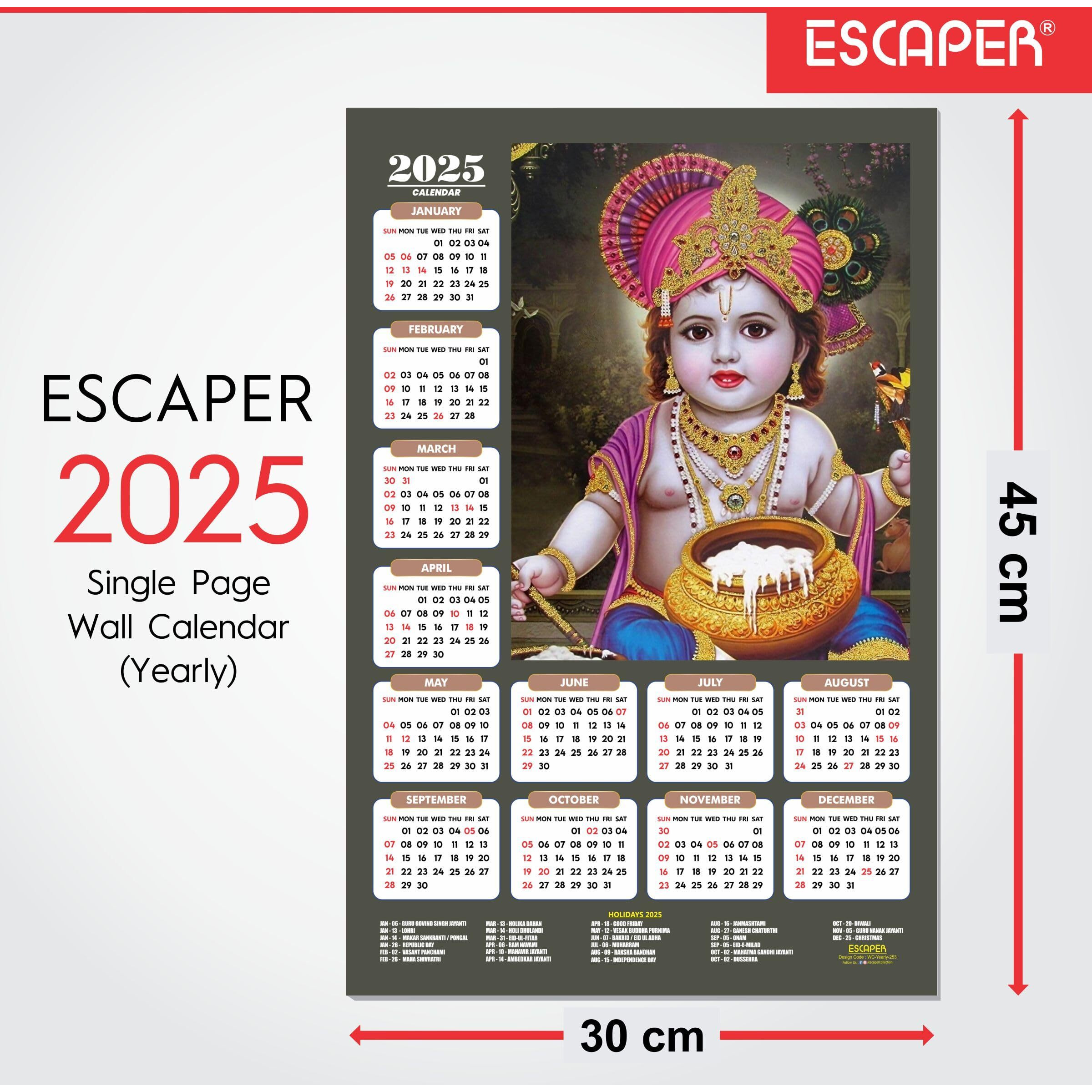 ESCAPER Shree Krishna Wall Calendar 2025 (45 x 30 cm) - Radha Krishna Wall Decor, Laddu Gopal Photo, Bal Krishna Wall Calendar 2025, Religious Wall Calendar 2025, Bal Gopal Photo