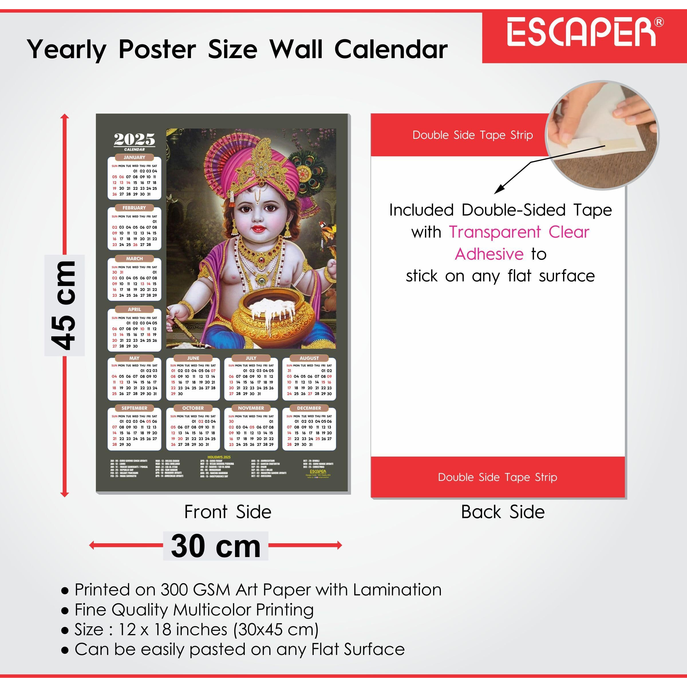 ESCAPER Shree Krishna Wall Calendar 2025 (45 x 30 cm) - Radha Krishna Wall Decor, Laddu Gopal Photo, Bal Krishna Wall Calendar 2025, Religious Wall Calendar 2025, Bal Gopal Photo