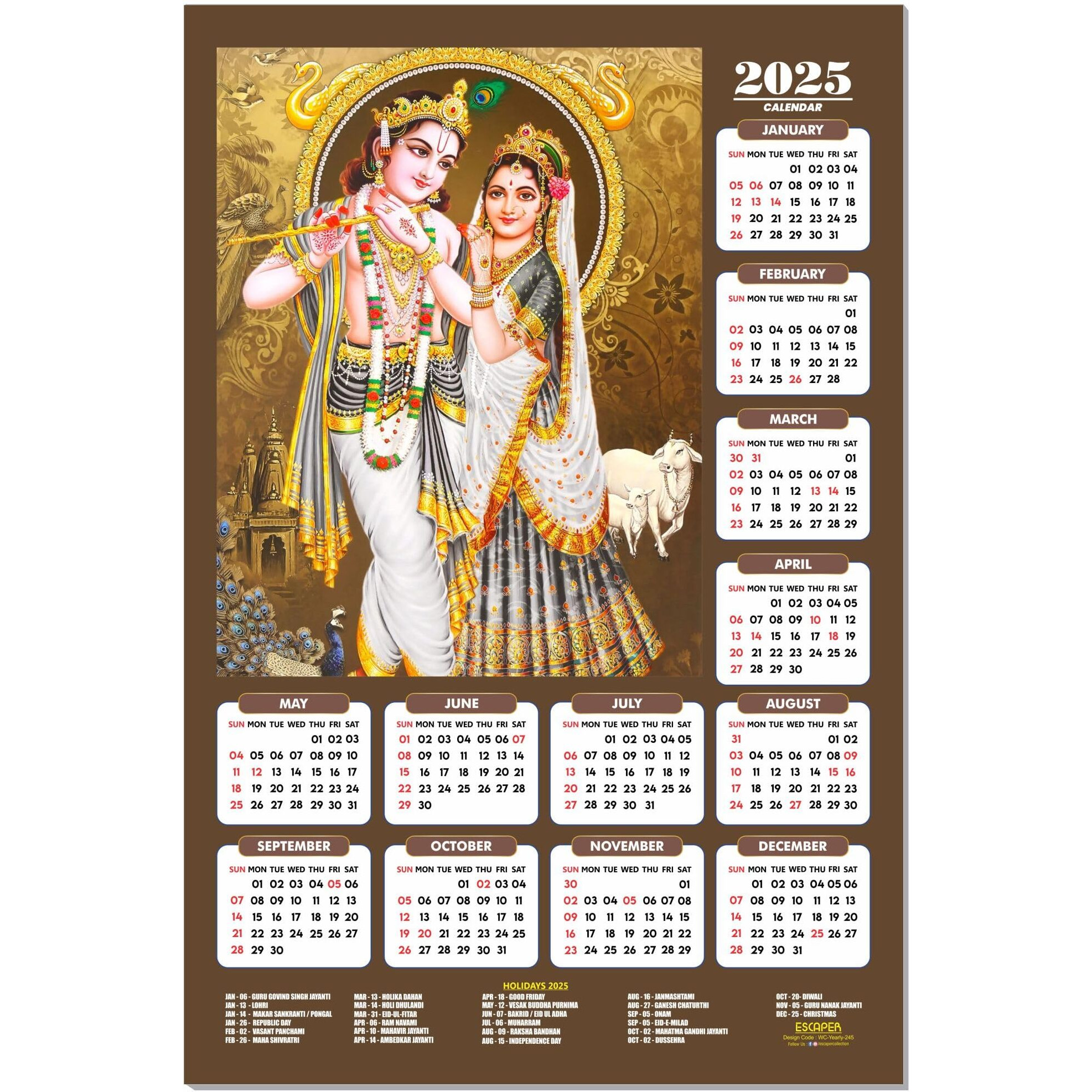 ESCAPER Shree Krishna Wall Calendar 2025 (45 x 30 cm) - Radha Krishna Wall Decor, Laddu Gopal Photo, Bal Krishna Wall Calendar 2025, Religious Wall Calendar 2025, Bal Gopal Photo