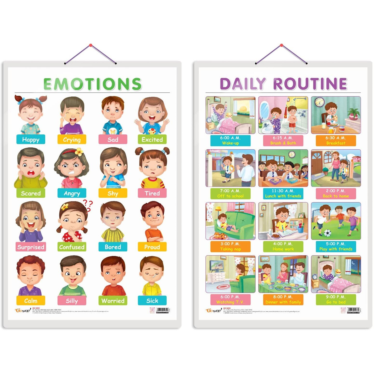 Set of 2 EMOTIONS and DAILY ROUTINE Early Learning Educational Charts for Kids | 20&quotX30" inch |Non-Tearable and Waterproof | Double Sided Laminated | Perfect for Homeschooling, Kindergarten and Nursery Students