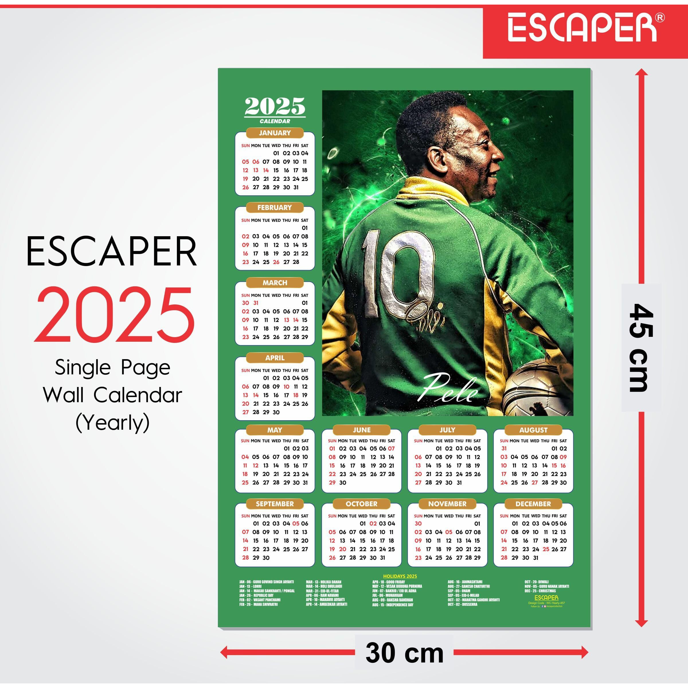 ESCAPER Football Players Wall Calendar 2025 for Room Decoration (45 x 30 cm), Famous Footballers Wall Calendar 2025, Football Wall Calendar 2025 hanging, Football Wall Calendar 2025 Set