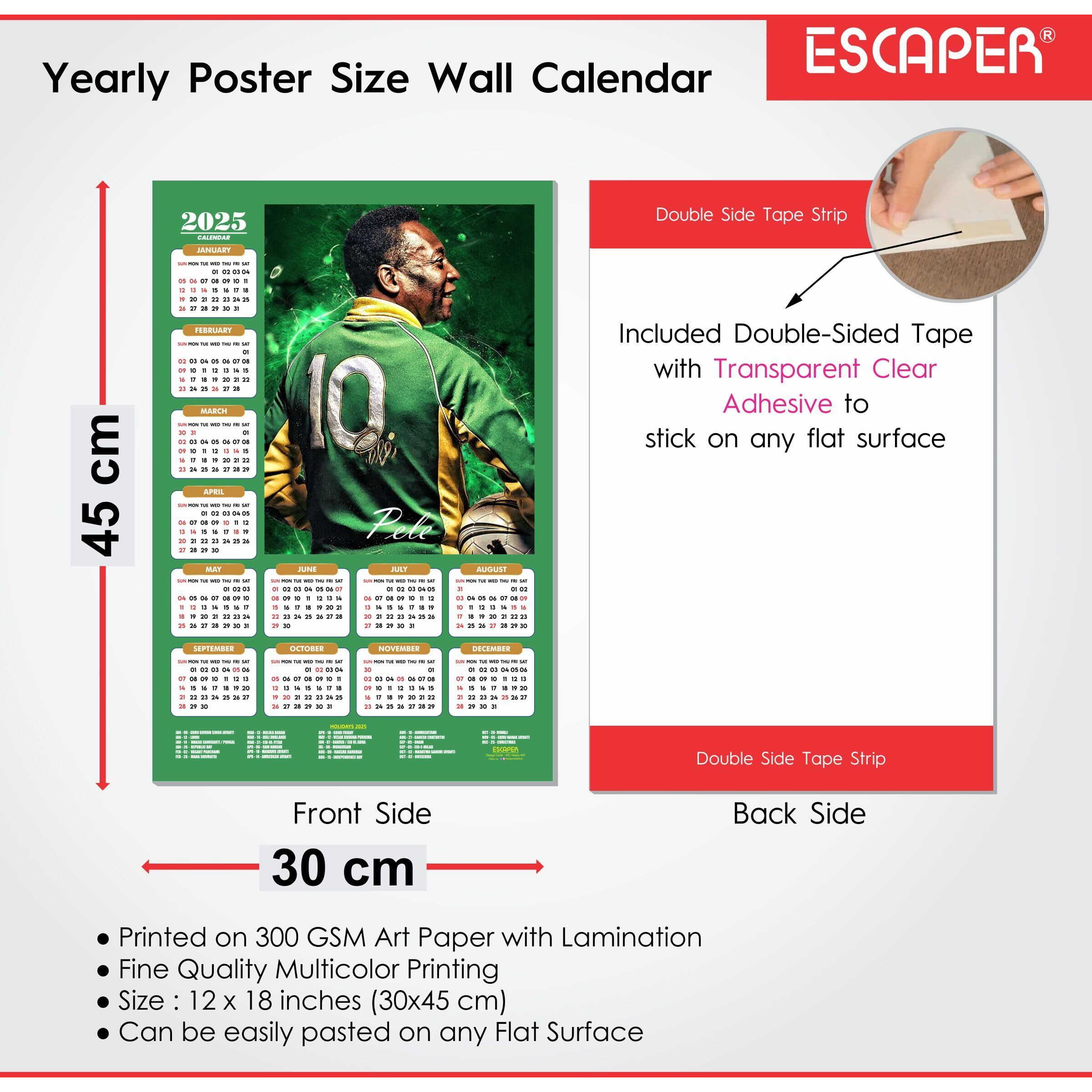 ESCAPER Football Players Wall Calendar 2025 for Room Decoration (45 x 30 cm), Famous Footballers Wall Calendar 2025, Football Wall Calendar 2025 hanging, Football Wall Calendar 2025 Set