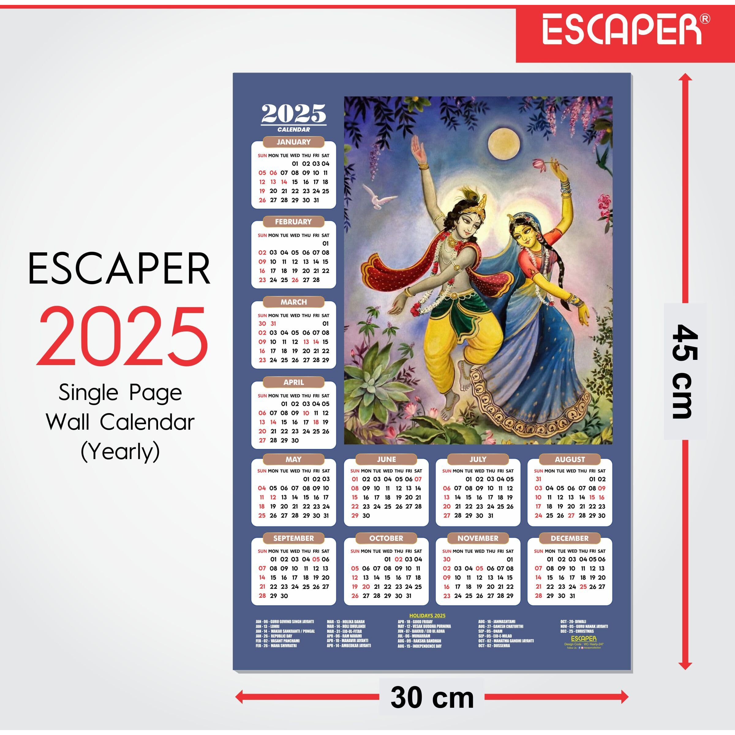 ESCAPER Shree Krishna Wall Calendar 2025 (45 x 30 cm) - Radha Krishna Wall Decor, Laddu Gopal Photo, Bal Krishna Wall Calendar 2025, Religious Wall Calendar 2025, Bal Gopal Photo