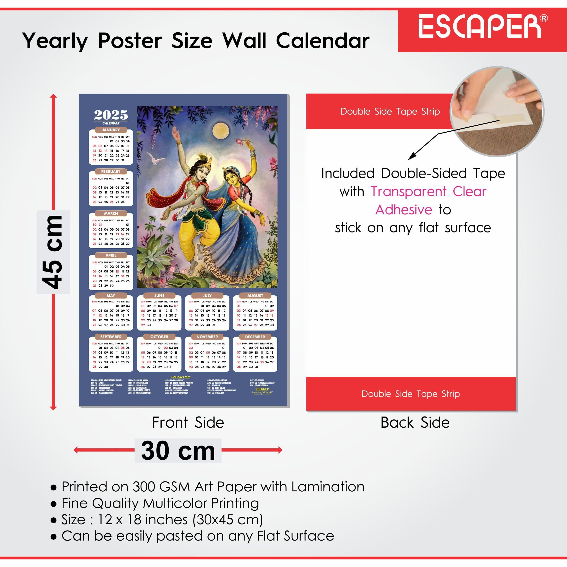 ESCAPER Shree Krishna Wall Calendar 2025 (45 x 30 cm) - Radha Krishna Wall Decor, Laddu Gopal Photo, Bal Krishna Wall Calendar 2025, Religious Wall Calendar 2025, Bal Gopal Photo