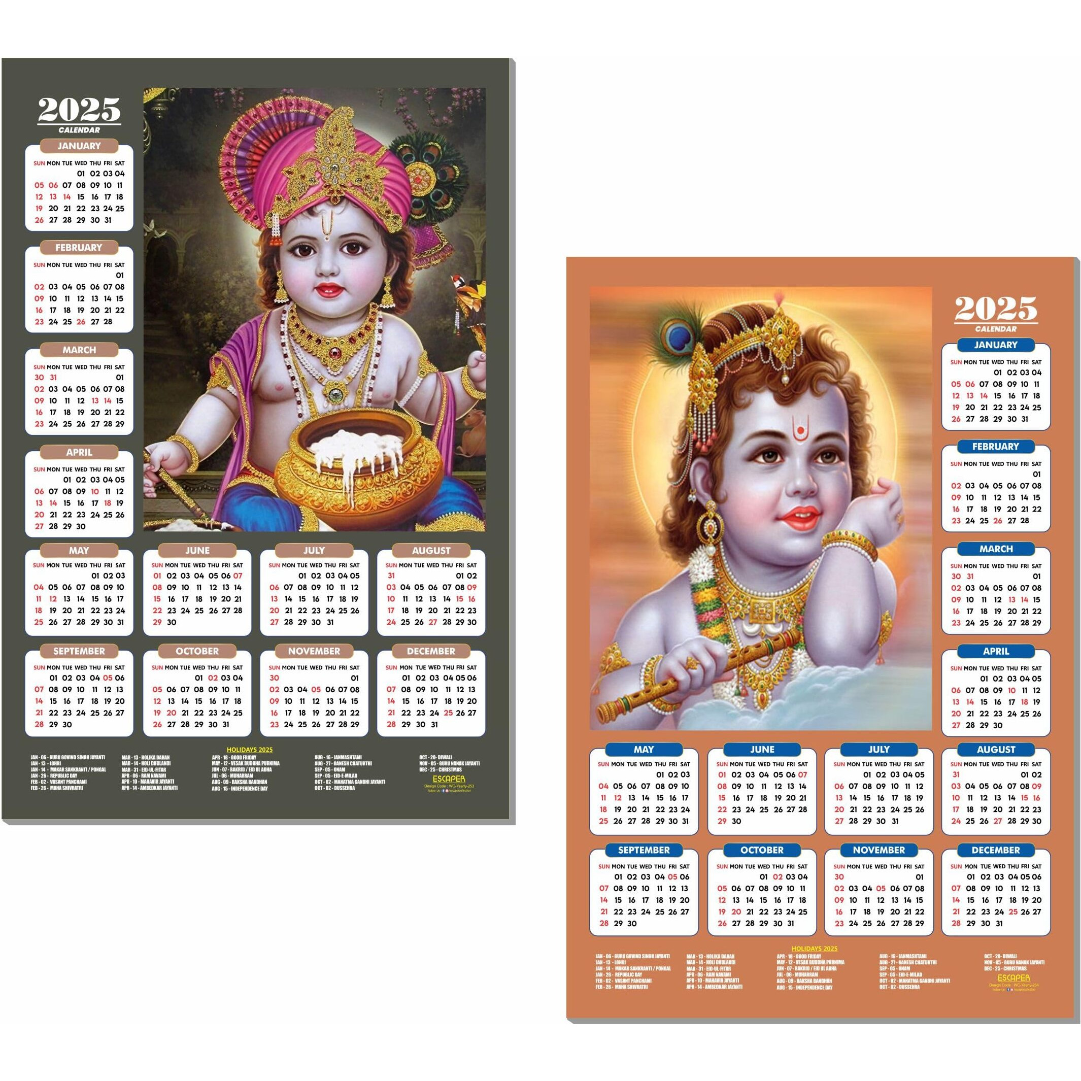 ESCAPER Shree Krishna Wall Calendar 2025 (45 x 30 cm) - Radha Krishna Wall Decor, Laddu Gopal Photo, Bal Krishna Wall Calendar 2025, Religious Wall Calendar 2025, Bal Gopal Photo