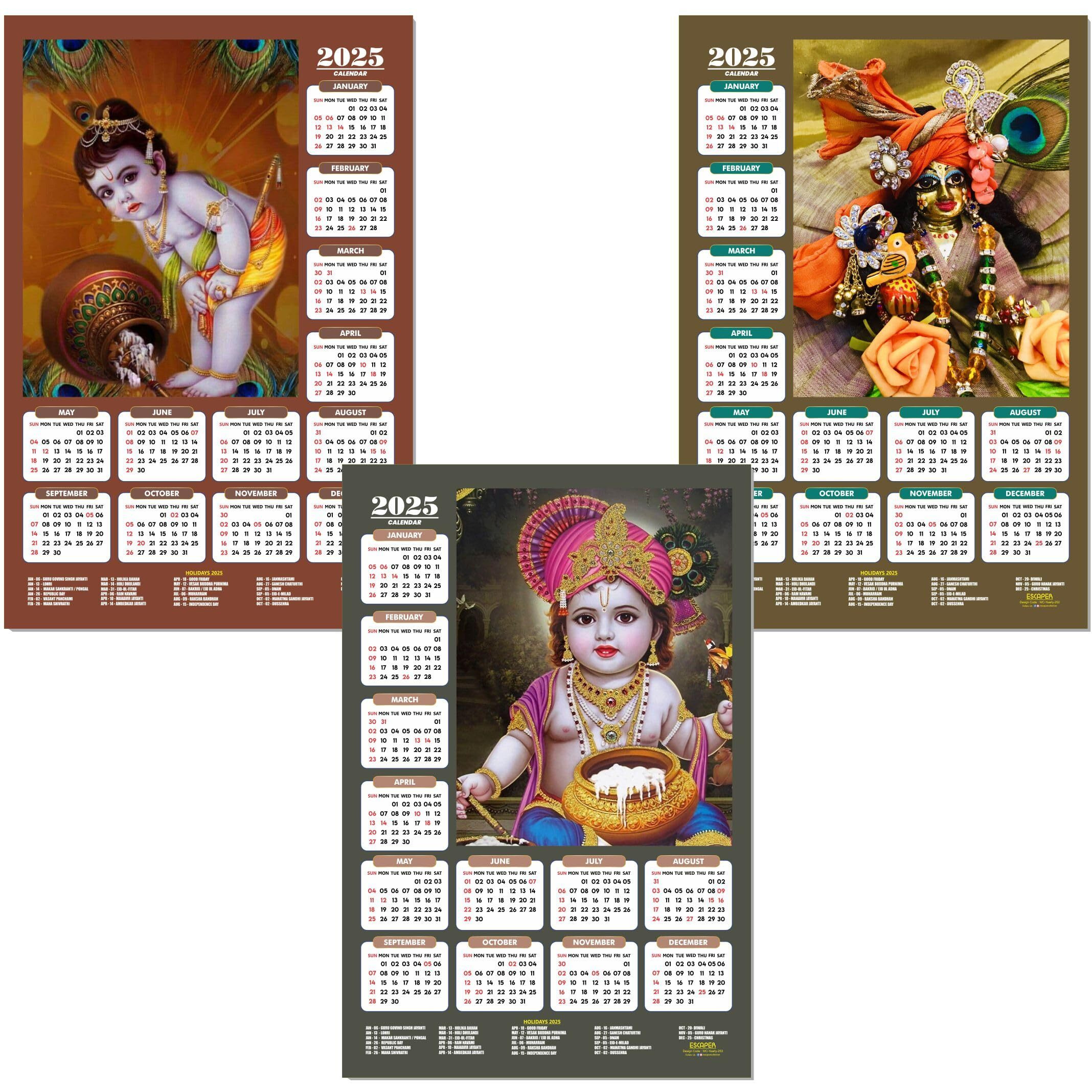 ESCAPER Shree Krishna Wall Calendar 2025 (45 x 30 cm) - Radha Krishna Wall Decor, Laddu Gopal Photo, Bal Krishna Wall Calendar 2025, Religious Wall Calendar 2025, Bal Gopal Photo