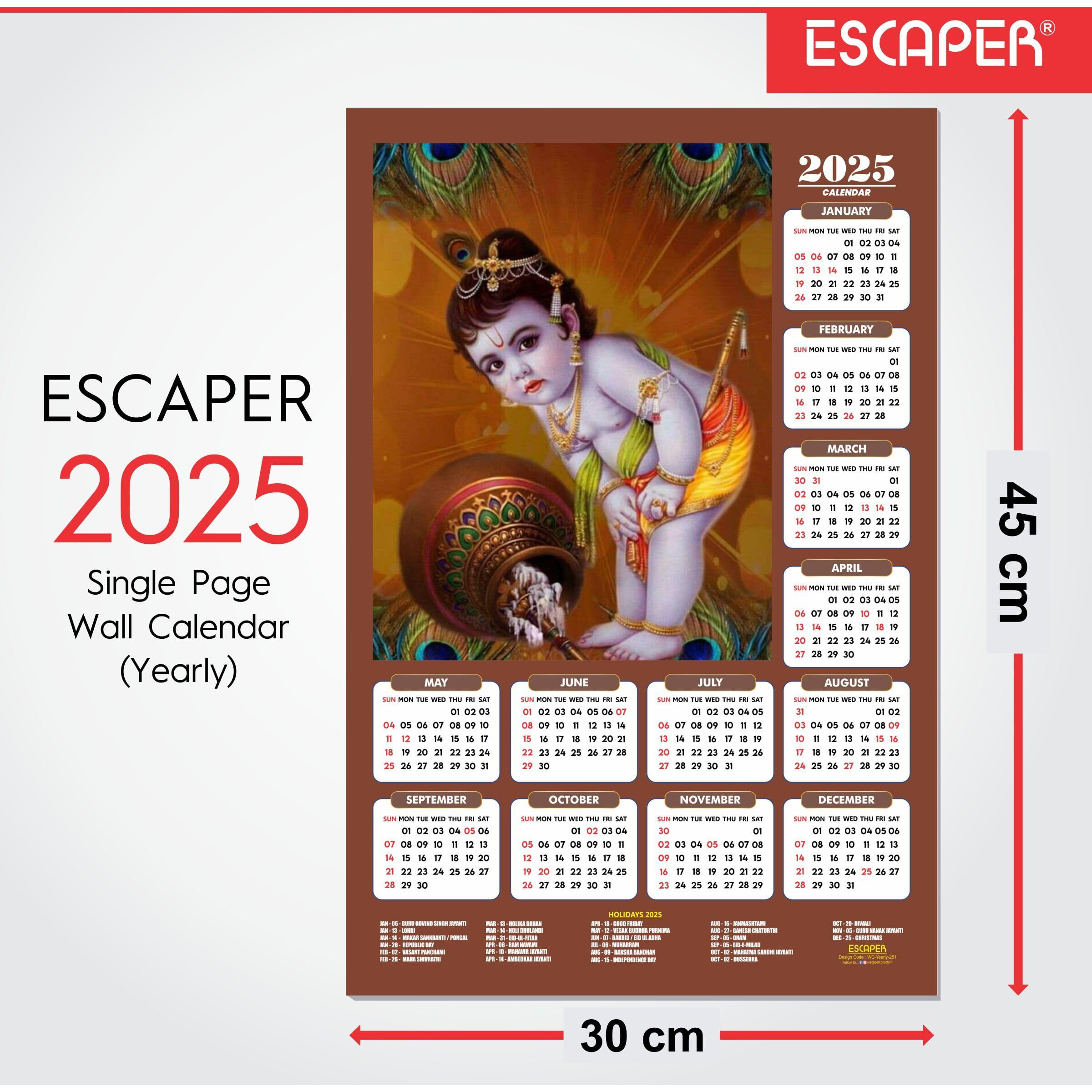 ESCAPER Shree Krishna Wall Calendar 2025 (45 x 30 cm) - Radha Krishna Wall Decor, Laddu Gopal Photo, Bal Krishna Wall Calendar 2025, Religious Wall Calendar 2025, Bal Gopal Photo