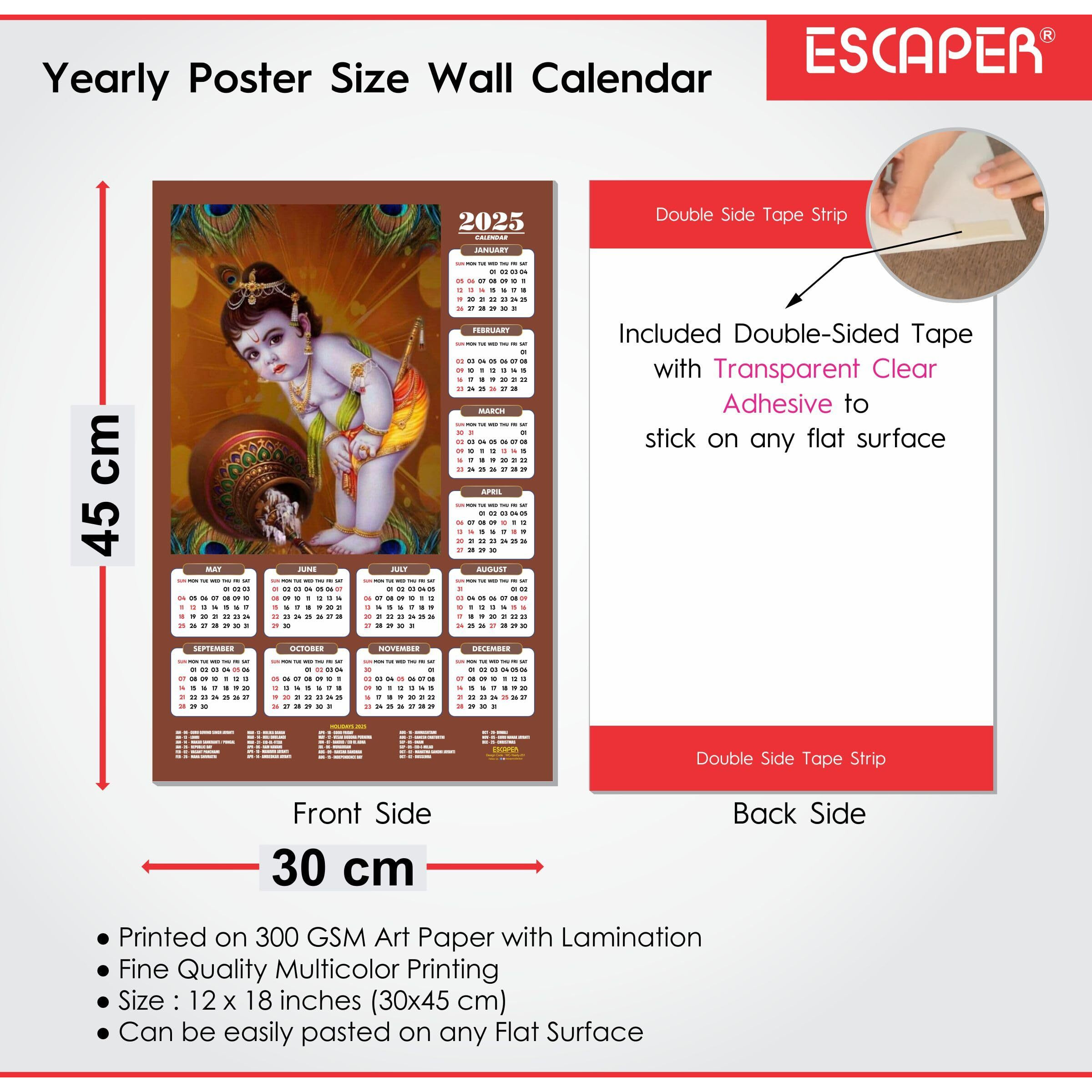 ESCAPER Shree Krishna Wall Calendar 2025 (45 x 30 cm) - Radha Krishna Wall Decor, Laddu Gopal Photo, Bal Krishna Wall Calendar 2025, Religious Wall Calendar 2025, Bal Gopal Photo