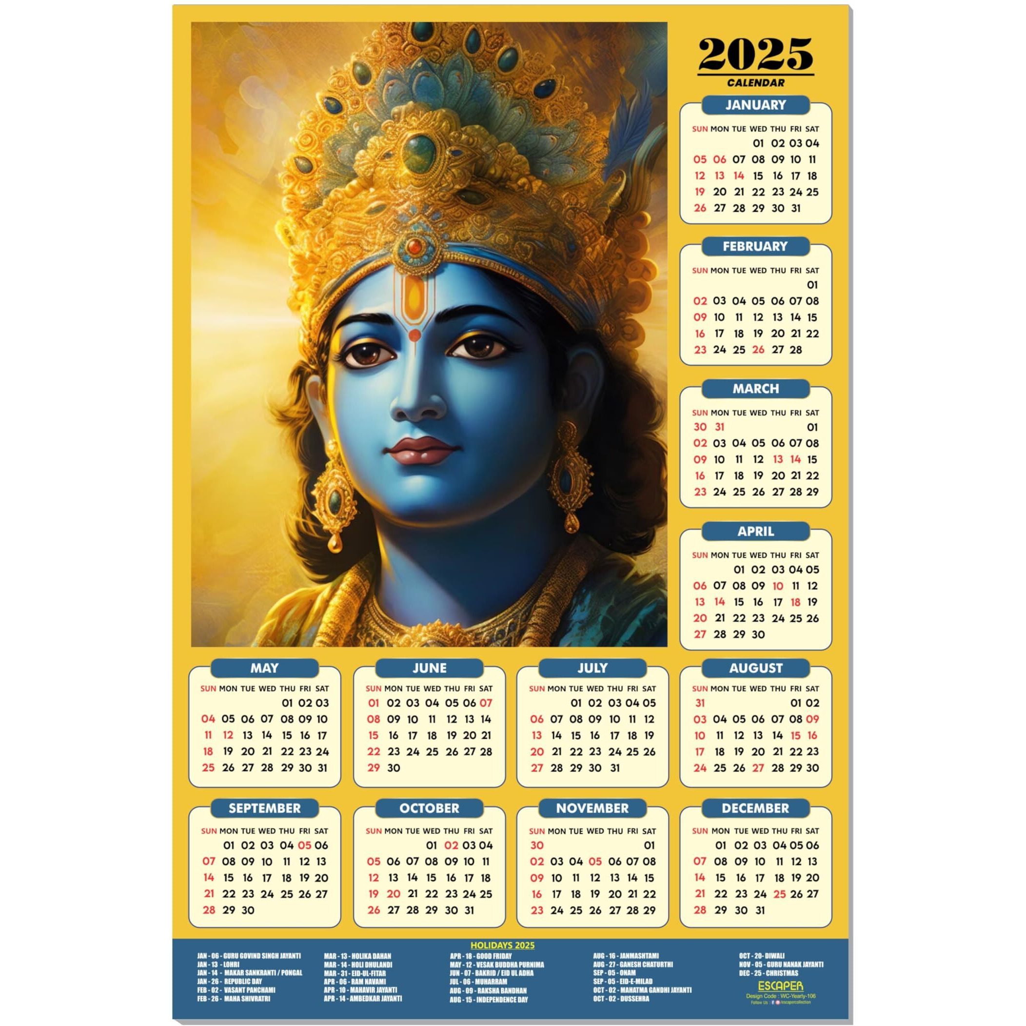 ESCAPER Shree Krishna Wall Calendar 2025 (45 x 30 cm) - Radha Krishna Wall Decor, Laddu Gopal Photo, Bal Krishna Wall Calendar 2025, Religious Wall Calendar 2025, Bal Gopal Photo
