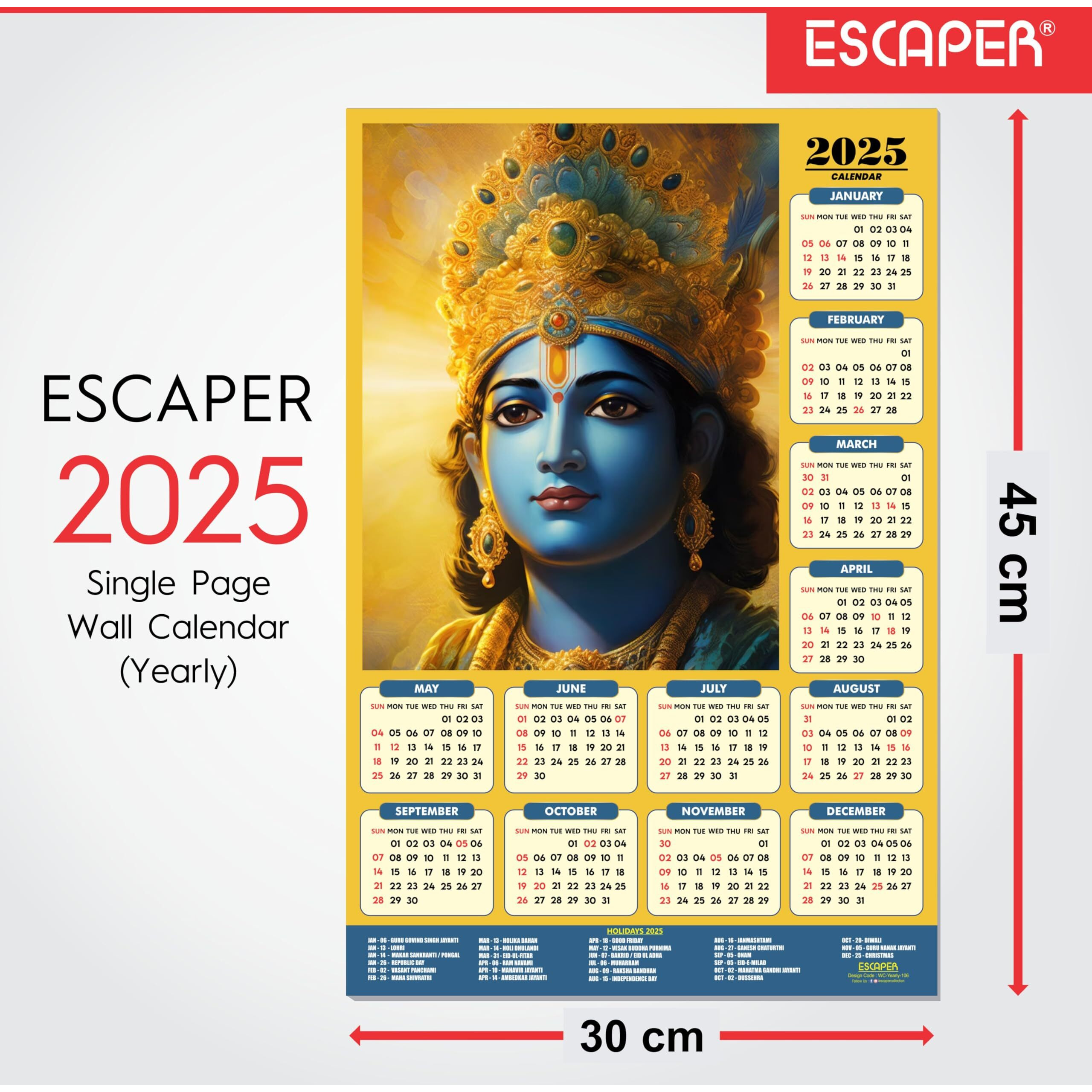 ESCAPER Shree Krishna Wall Calendar 2025 (45 x 30 cm) - Radha Krishna Wall Decor, Laddu Gopal Photo, Bal Krishna Wall Calendar 2025, Religious Wall Calendar 2025, Bal Gopal Photo