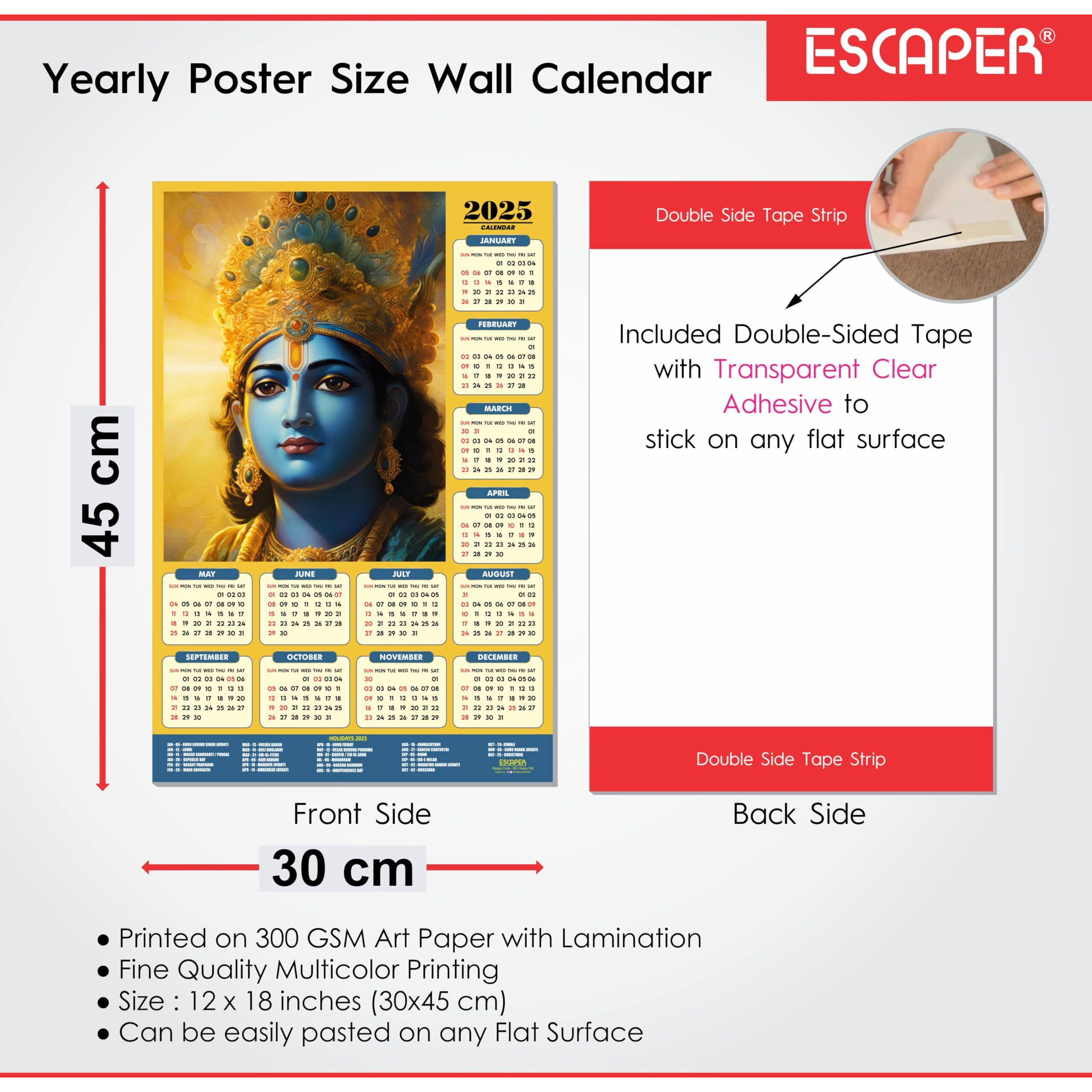 ESCAPER Shree Krishna Wall Calendar 2025 (45 x 30 cm) - Radha Krishna Wall Decor, Laddu Gopal Photo, Bal Krishna Wall Calendar 2025, Religious Wall Calendar 2025, Bal Gopal Photo