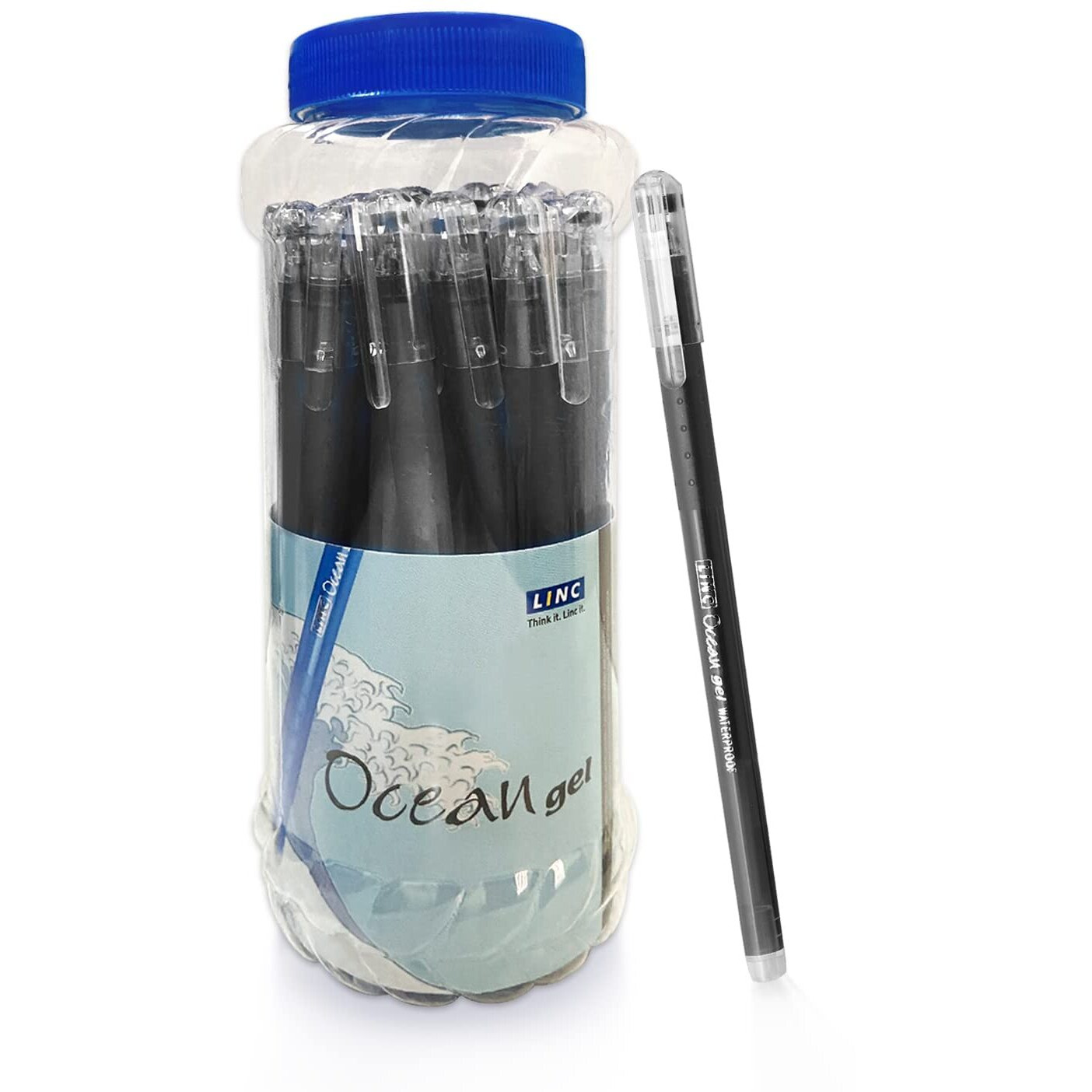 Linc Ocean Lightweight Gel Pen Jar | 0.55mm, Dark Black Ink Gel Pens | Jar of 25 Units | Black Gel Pen Set for Office and School Use | Elasto Grip Pens for Smooth Writing with Fast Flowing Ink Technology | Pack of 25
