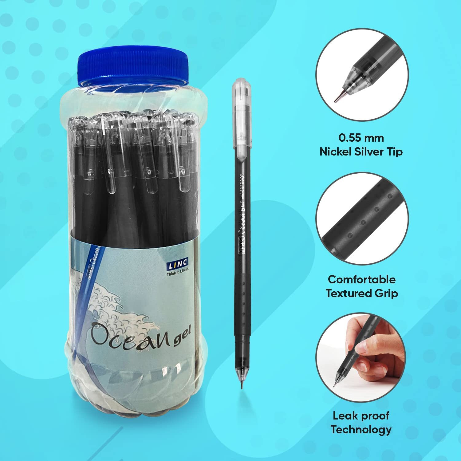Linc Ocean Lightweight Gel Pen Jar | 0.55mm, Dark Black Ink Gel Pens | Jar of 25 Units | Black Gel Pen Set for Office and School Use | Elasto Grip Pens for Smooth Writing with Fast Flowing Ink Technology | Pack of 25