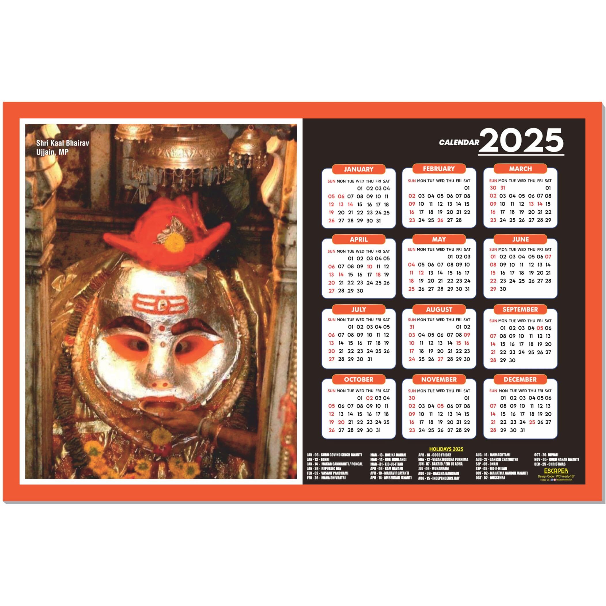 ESCAPER Kal Bhairav Wall Calendar 2025 (45 x 30 cm), Kal Bhairav Mandir Wall Calendar 2025, Kal Bhairav Photos, Religious Wall Calendar 2025, Kal Bhairav Ji Wall Calendar 2025, Hindu God Photos, Hindu God Temple Wall Calendar 2025 for room decoration,