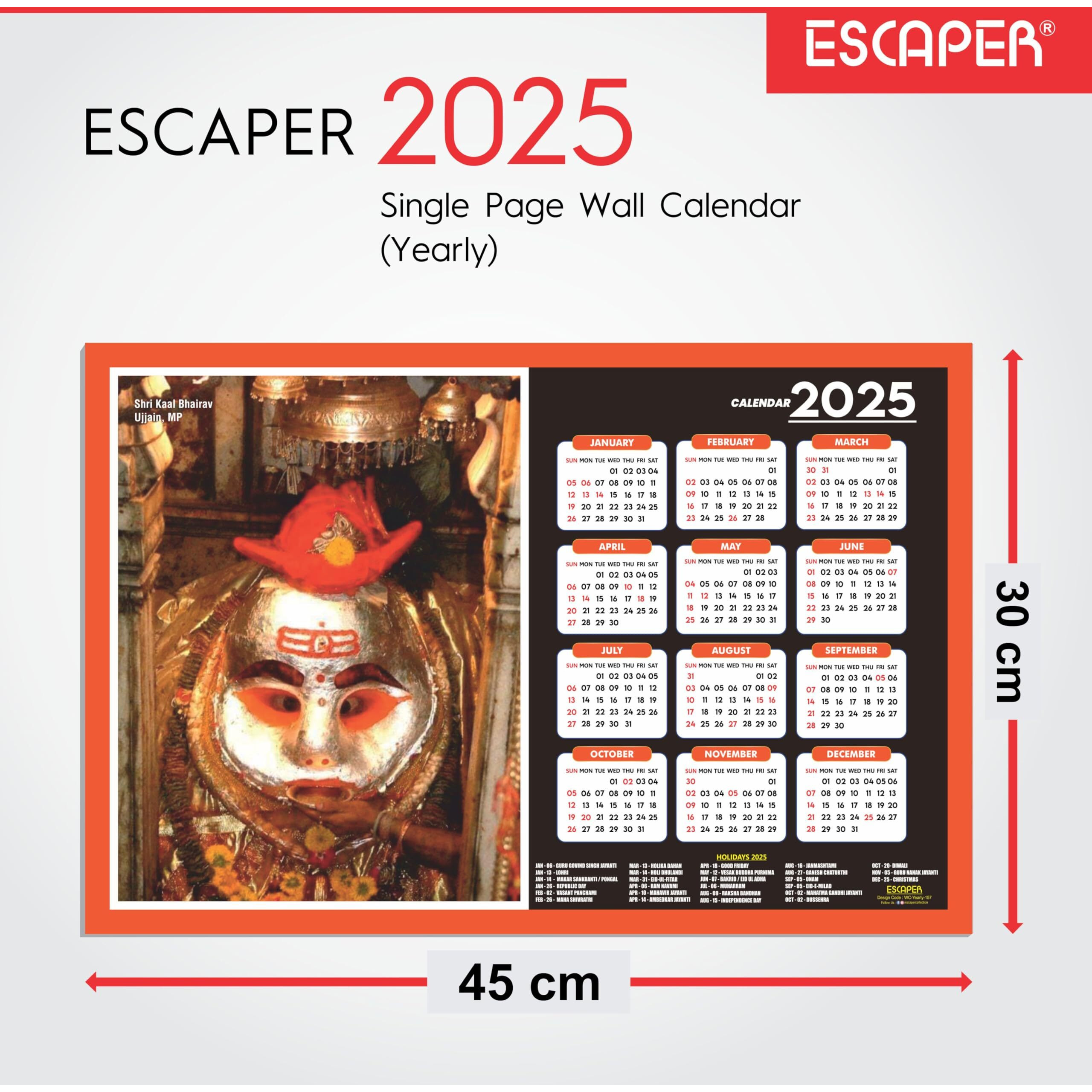 ESCAPER Kal Bhairav Wall Calendar 2025 (45 x 30 cm), Kal Bhairav Mandir Wall Calendar 2025, Kal Bhairav Photos, Religious Wall Calendar 2025, Kal Bhairav Ji Wall Calendar 2025, Hindu God Photos, Hindu God Temple Wall Calendar 2025 for room decoration,
