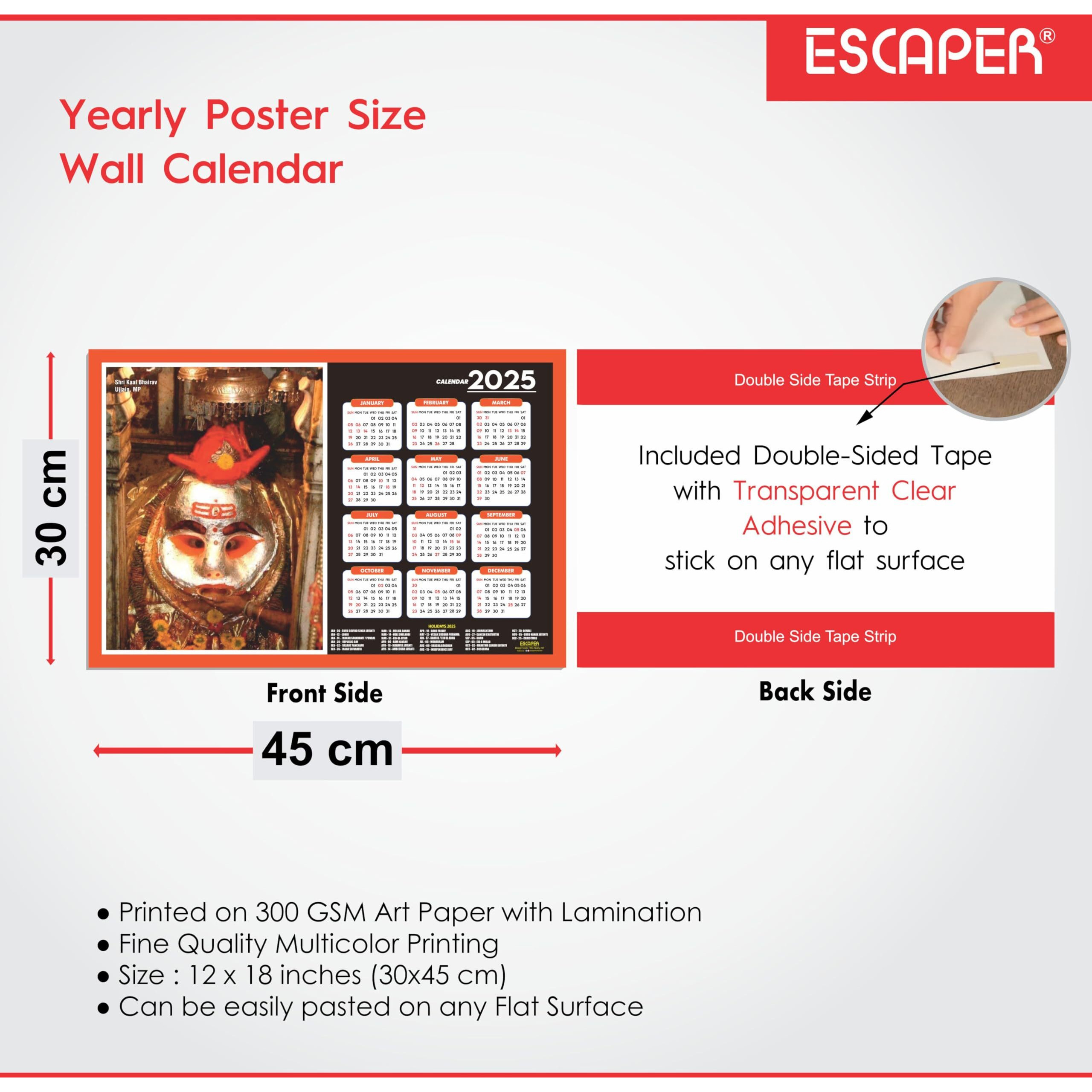 ESCAPER Kal Bhairav Wall Calendar 2025 (45 x 30 cm), Kal Bhairav Mandir Wall Calendar 2025, Kal Bhairav Photos, Religious Wall Calendar 2025, Kal Bhairav Ji Wall Calendar 2025, Hindu God Photos, Hindu God Temple Wall Calendar 2025 for room decoration,