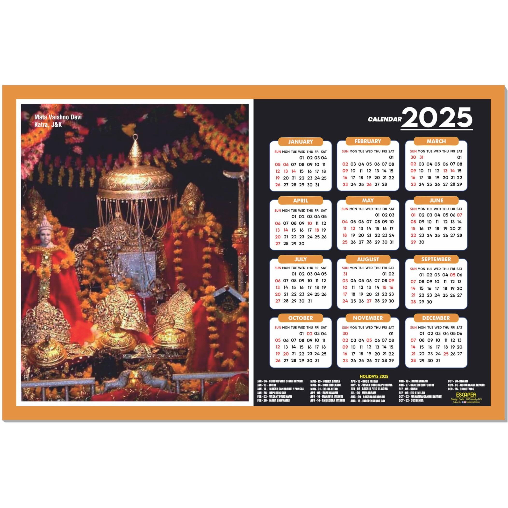 ESCAPER Mata Vaishno Devi Wall Calendar 2025 (45 x 30 cm), Mata Vaishno Devi Temple Wall Calendar 2025, Mata Vaishno Devi Photos, Religious Wall Calendar 2025, Vaishno Devi Wall Calendar 2025, Hindu Goddess Photos, Hindu Goddess Wall Calendar 2025 for room decoration