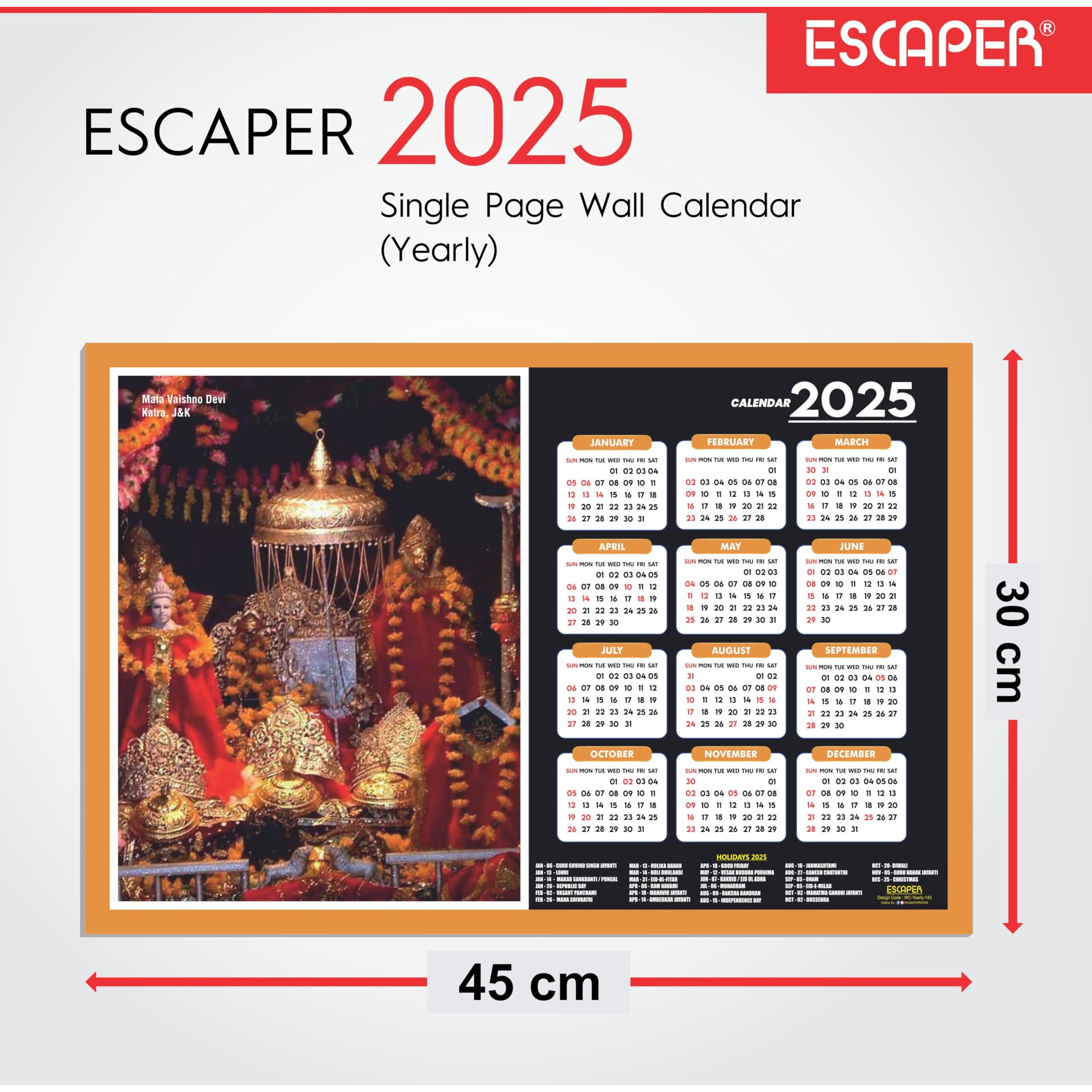 ESCAPER Mata Vaishno Devi Wall Calendar 2025 (45 x 30 cm), Mata Vaishno Devi Temple Wall Calendar 2025, Mata Vaishno Devi Photos, Religious Wall Calendar 2025, Vaishno Devi Wall Calendar 2025, Hindu Goddess Photos, Hindu Goddess Wall Calendar 2025 for room decoration