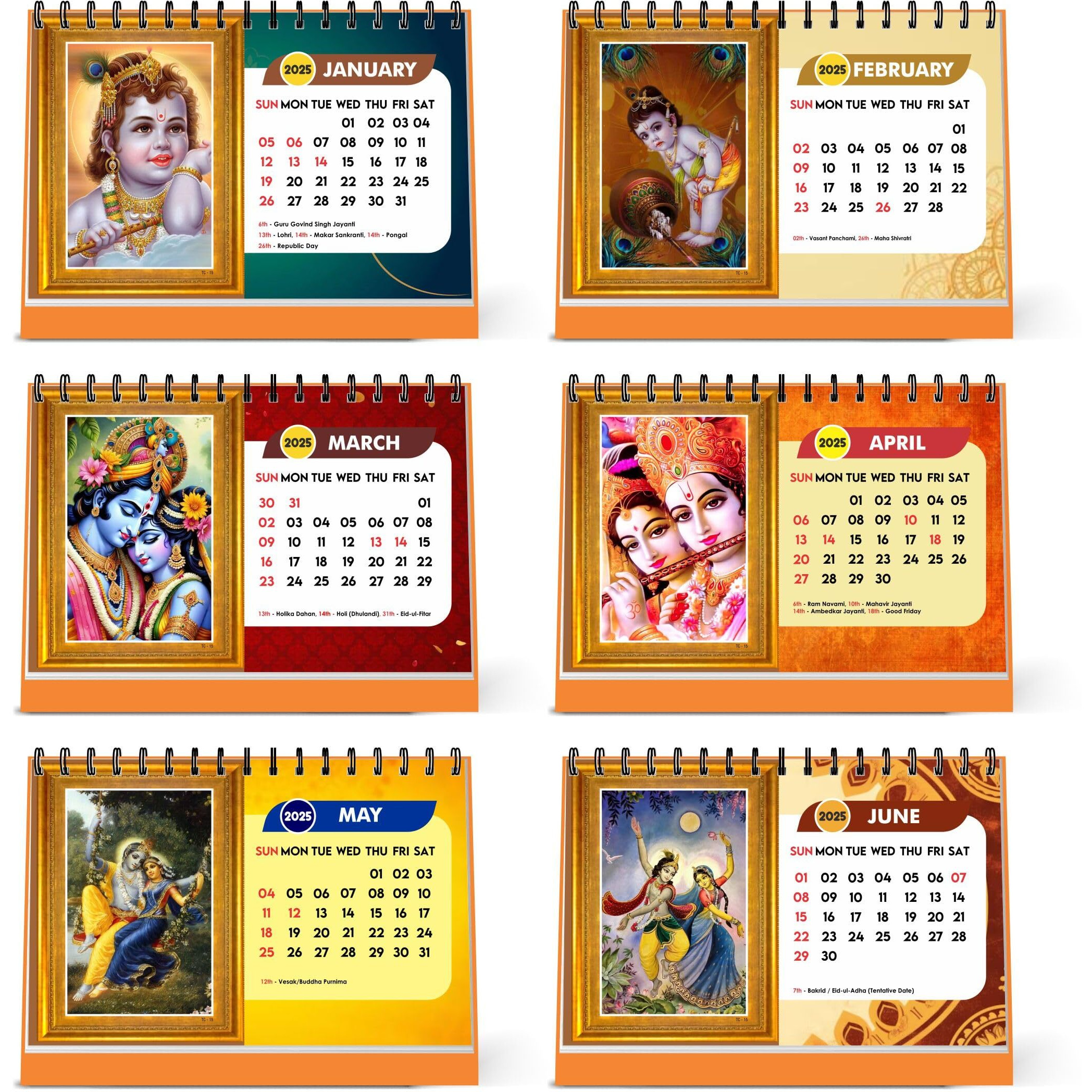 ESCAPER Lord Krishna Desk & Office Table Calendar 2025 (Pack of 5 Units), Hindu God Radha Krishna 12 Monthly Pages with Thick Paper Twin-Wire Binding Table Calendar 2025 (A5 Size, 8.5" x 5.5")