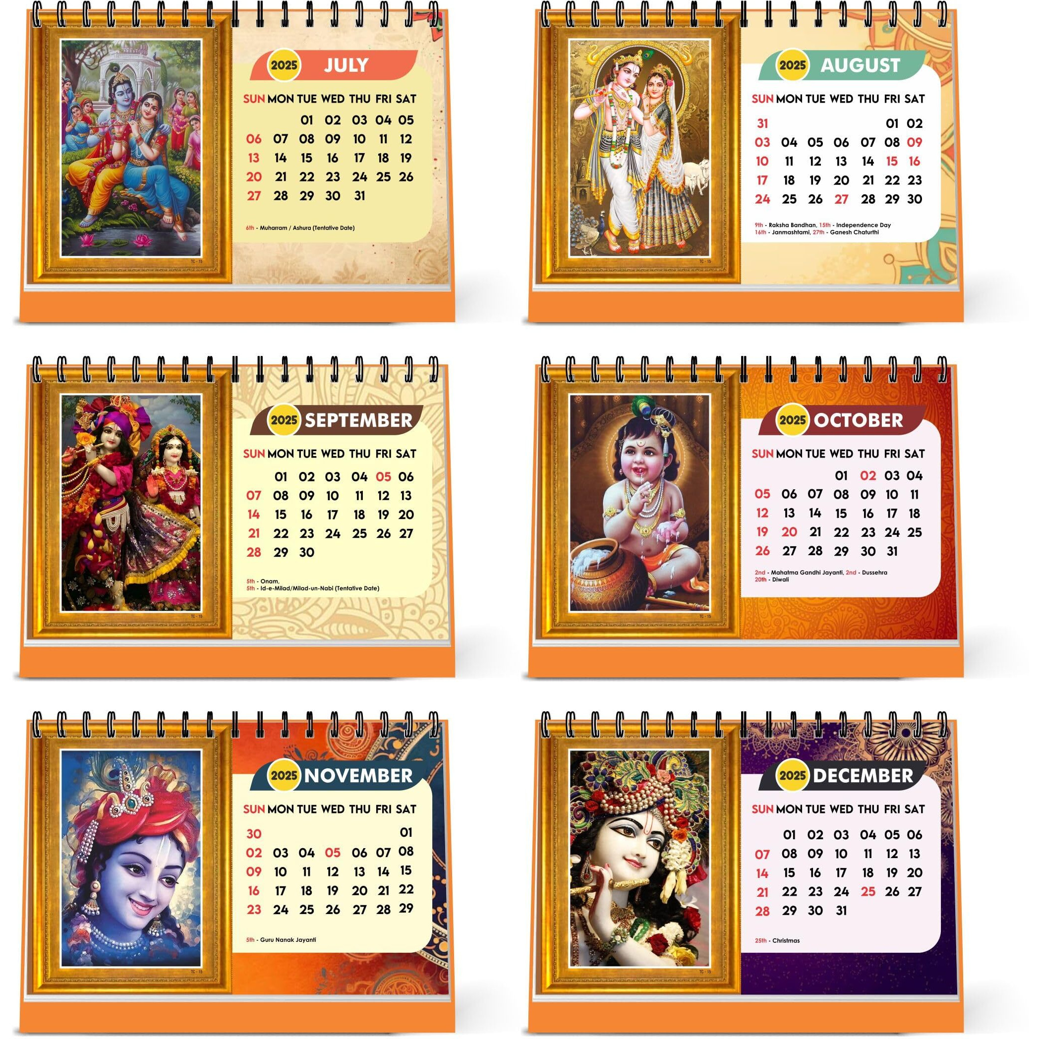 ESCAPER Lord Krishna Desk & Office Table Calendar 2025 (Pack of 5 Units), Hindu God Radha Krishna 12 Monthly Pages with Thick Paper Twin-Wire Binding Table Calendar 2025 (A5 Size, 8.5" x 5.5")