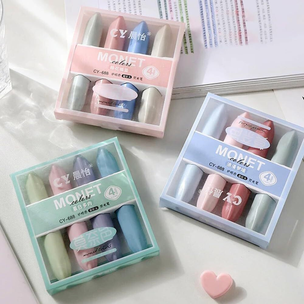 Penny Wise | Pastel Minimal Monet Color Highlighters | Set Of 4 | Aesthetic Design | Smoked Shades Bleed Free | Gifts For Stationery Hoarders & Kids | Party Return Gifts (Design B)