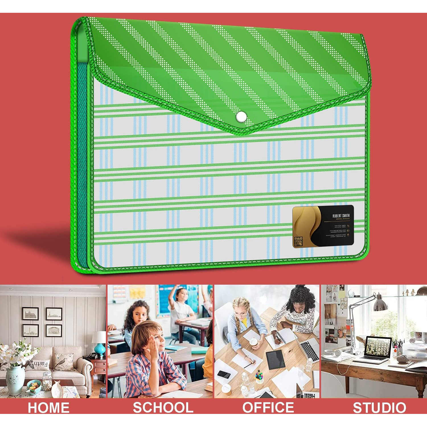 FEDUS Documents Holder Envelope Folder, Stylist Printed File Storage Bag with Snap Button Transparent Plastic File for documents Certificate File Document Folder for Certificate (GREEN, PACK OF 2)
