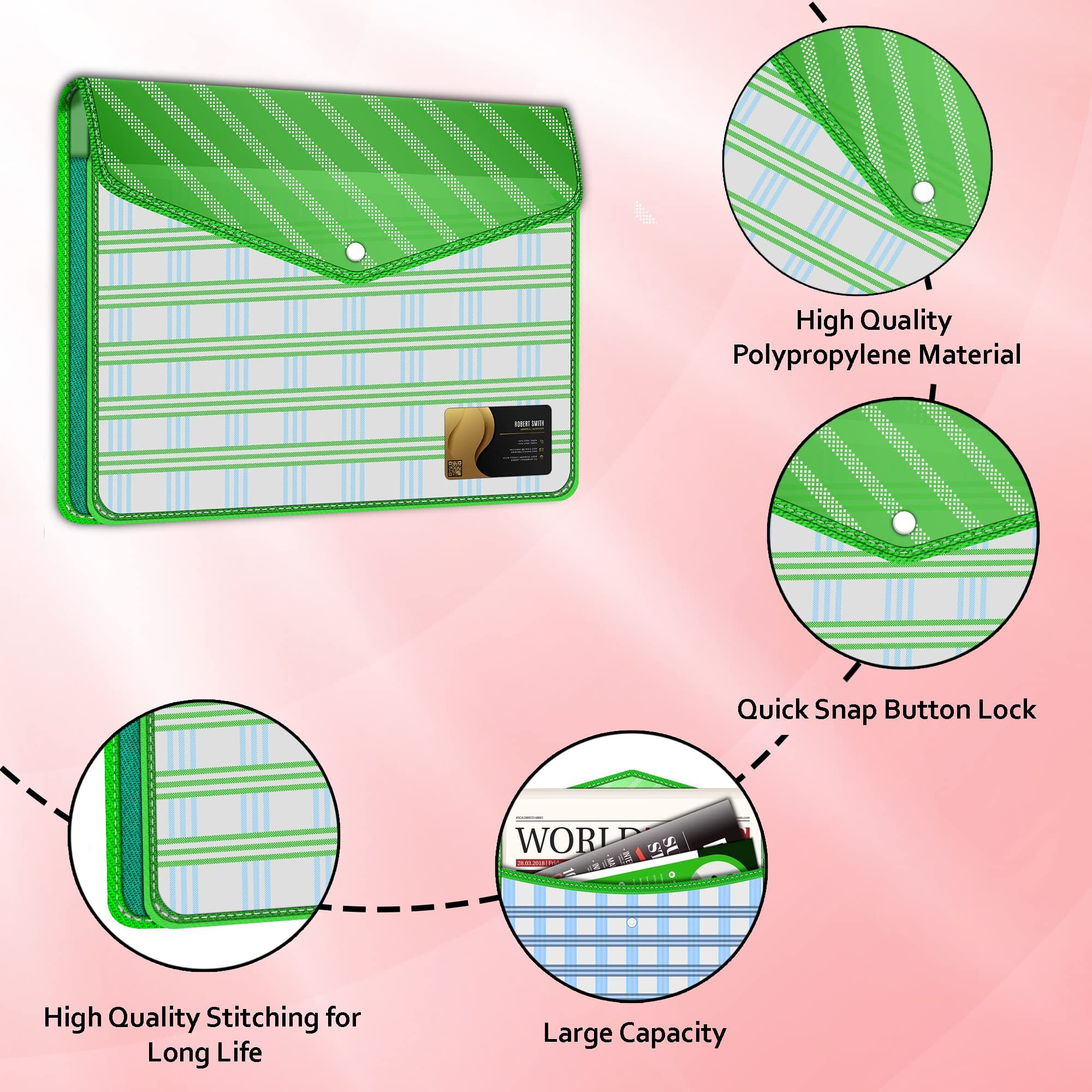 FEDUS Documents Holder Envelope Folder, Stylist Printed File Storage Bag with Snap Button Transparent Plastic File for documents Certificate File Document Folder for Certificate (GREEN, PACK OF 2)