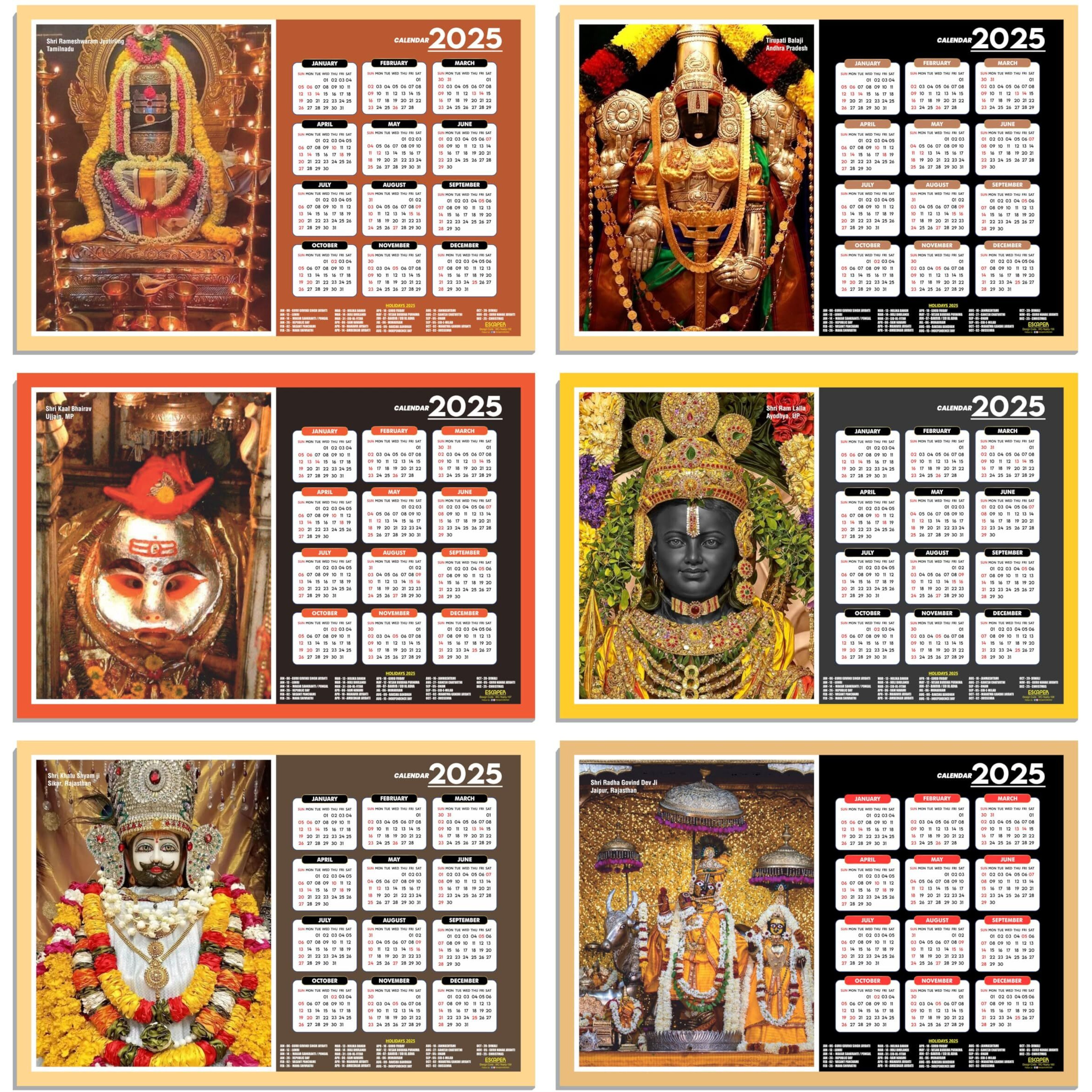 ESCAPER Famous Hindu Temples Wall Calendar 2025, Hindu Gods Wall Calendar 2025, Hindu Goddess Wall Calendar 2025, Hindu Gods Photos, Hindu Goddess Photos, Hindu Mandir Wall Calendar 2025