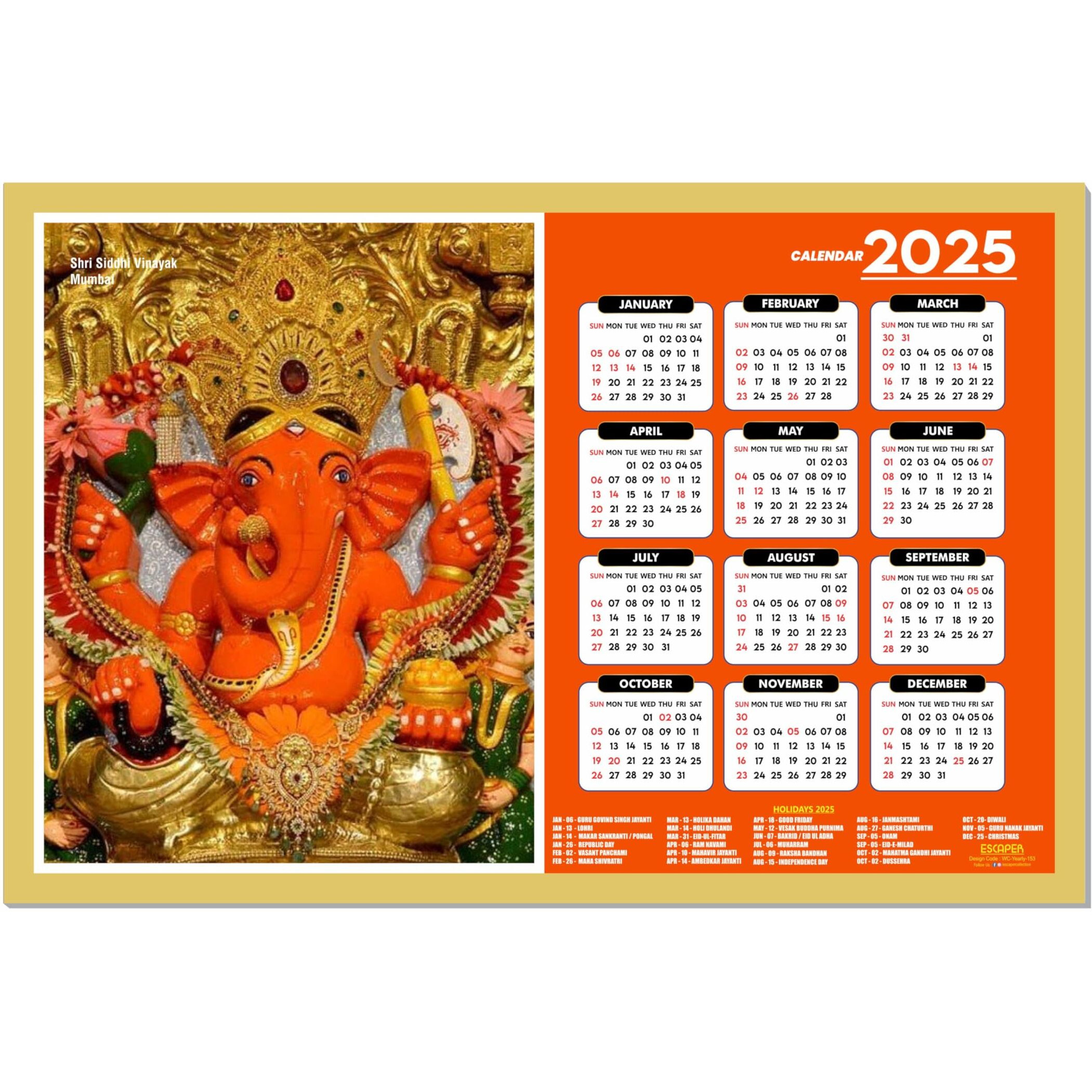 ESCAPER Siddhi Vinayak wall Decor (45 x 30 cm), Famous Hindu Temples Wall Calendar 2025,Siddhi Vinayak Ganesh Wall Calendar 2025, Hindu Gods Wall Calendar 2025, Hindu Goddess Wall Calendar 2025, Hindu Gods Photos, Hindu Goddess Photos, Hindu Mandir Wall Calendar 2025