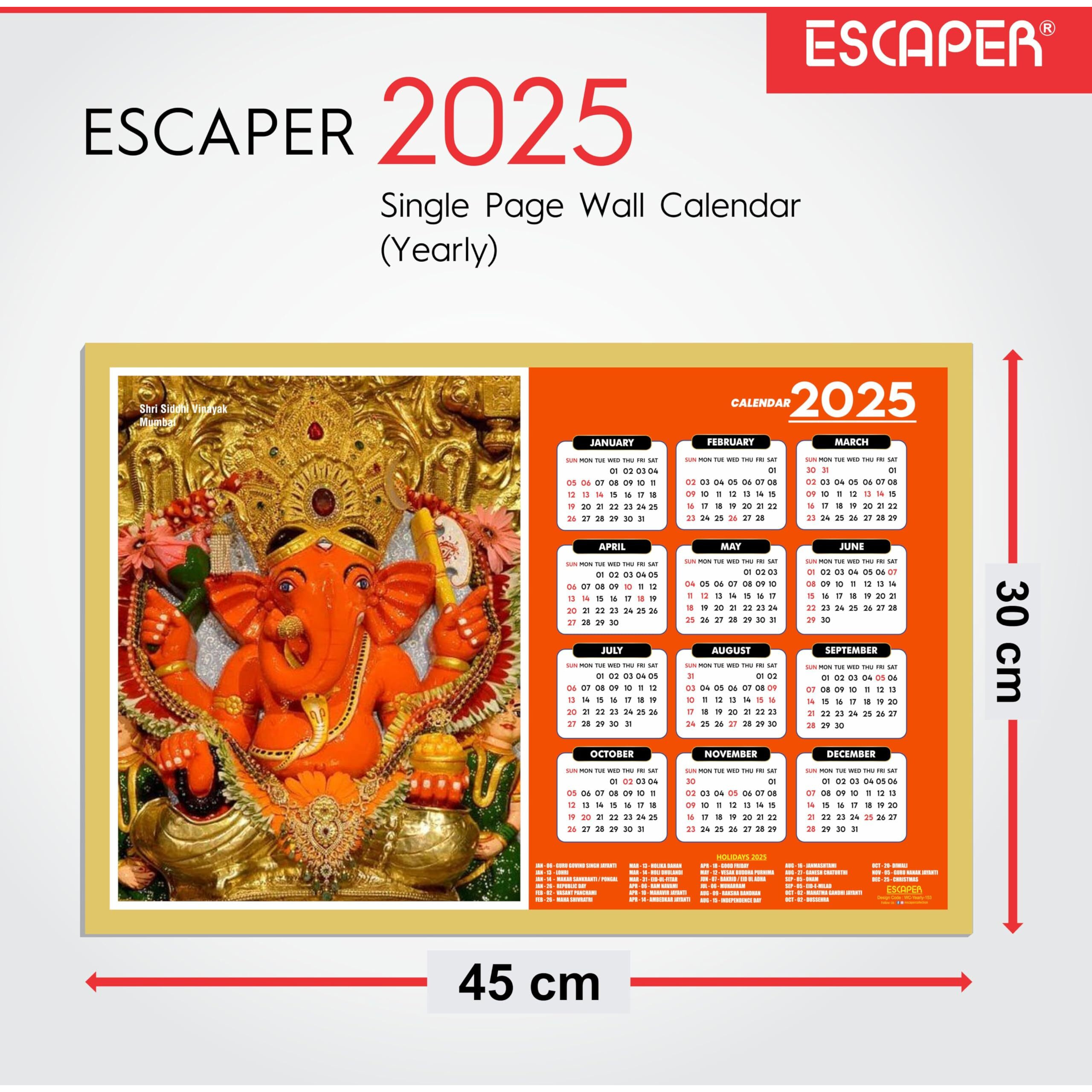 ESCAPER Siddhi Vinayak wall Decor (45 x 30 cm), Famous Hindu Temples Wall Calendar 2025,Siddhi Vinayak Ganesh Wall Calendar 2025, Hindu Gods Wall Calendar 2025, Hindu Goddess Wall Calendar 2025, Hindu Gods Photos, Hindu Goddess Photos, Hindu Mandir Wall Calendar 2025