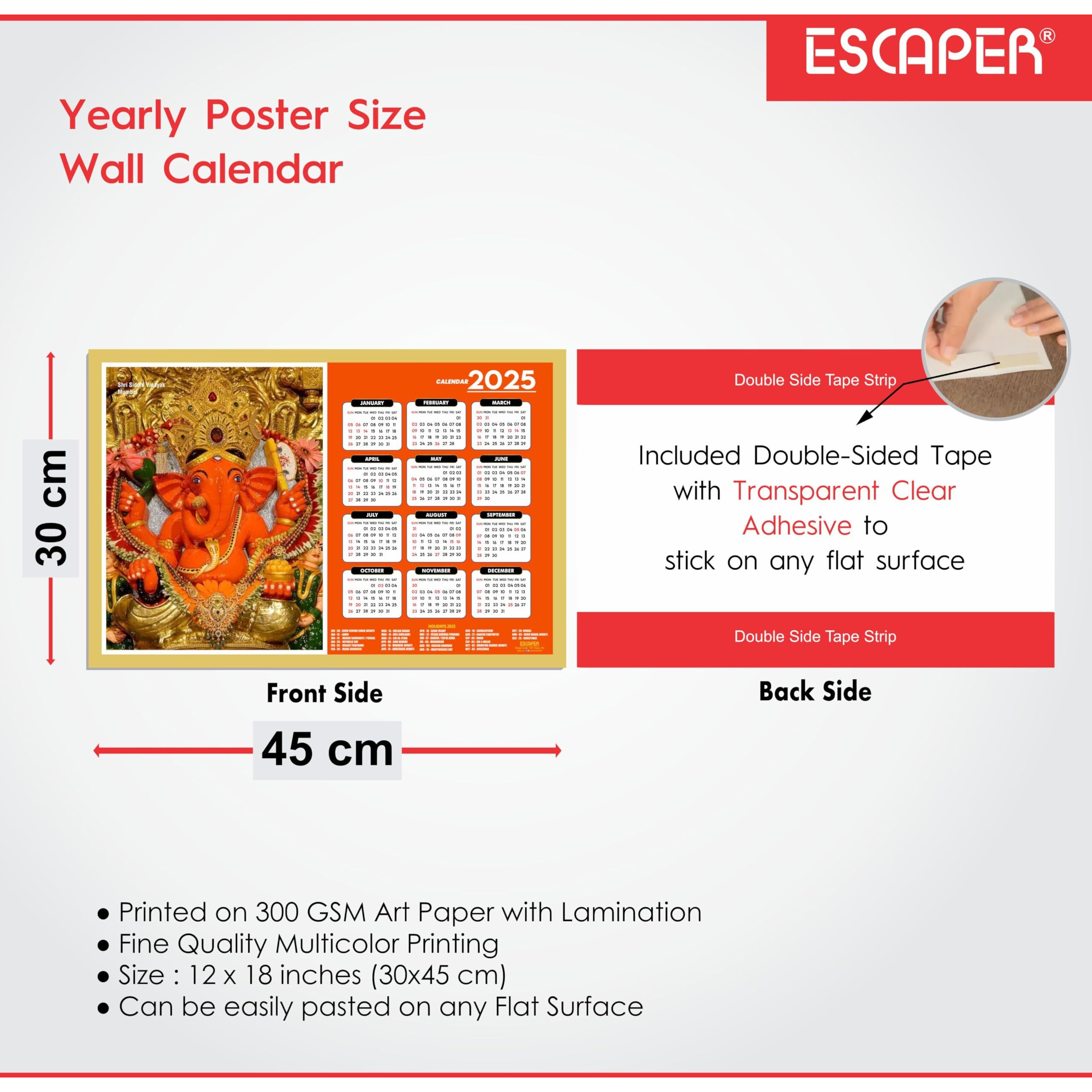 ESCAPER Siddhi Vinayak wall Decor (45 x 30 cm), Famous Hindu Temples Wall Calendar 2025,Siddhi Vinayak Ganesh Wall Calendar 2025, Hindu Gods Wall Calendar 2025, Hindu Goddess Wall Calendar 2025, Hindu Gods Photos, Hindu Goddess Photos, Hindu Mandir Wall Calendar 2025