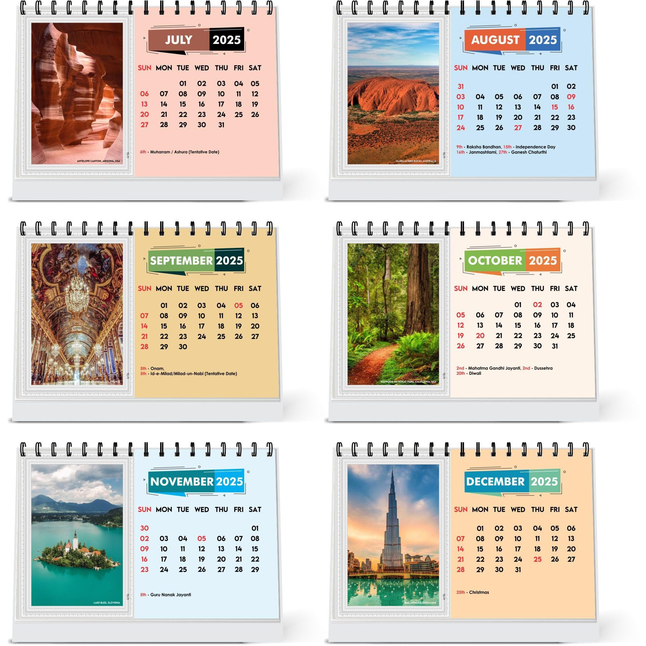 ESCAPER Travel Calendar 2025 Desk, World Travel Calendar 2025, India Travel Calendar 2025, Travel Destinations Calendar, Travel Holiday Calendar, Travel Accessories, Seven Wonders of World (World Top Destinations, 2 Qty)