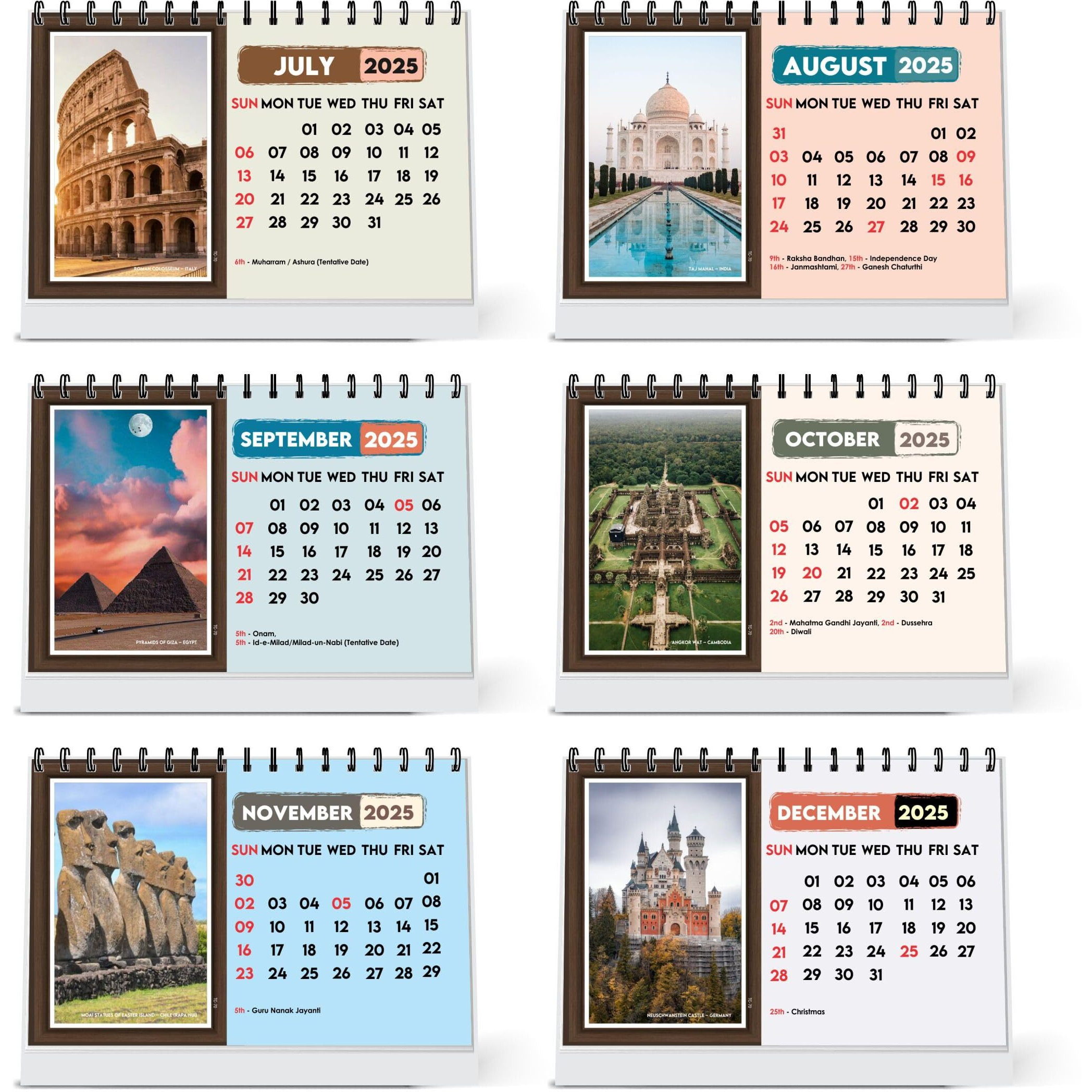 ESCAPER Travel Calendar 2025 Desk, World Travel Calendar 2025, India Travel Calendar 2025, Travel Destinations Calendar, Travel Holiday Calendar, Travel Accessories, Seven Wonders of World (World Iconic Wonders, 10 Qty)