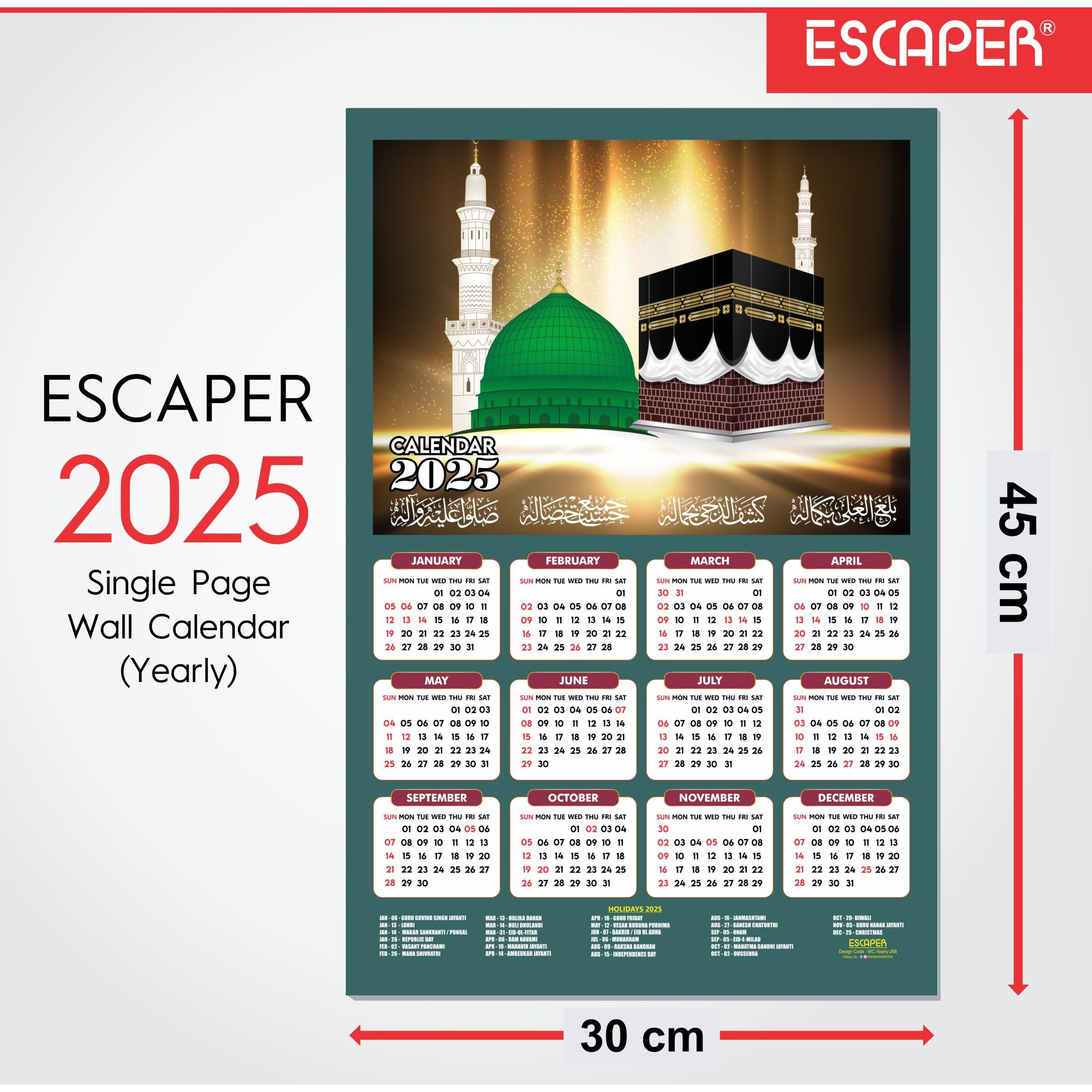 ESCAPER Muslim Wall Calendar 2025 hanging Decoration (45 x 30 cm), Islamic Wall Decor, Arabic Calligraphy Wall Calendar 2025, Allah Wall Calendar 2025, Muslim home decor items, New Year Calendar 2025