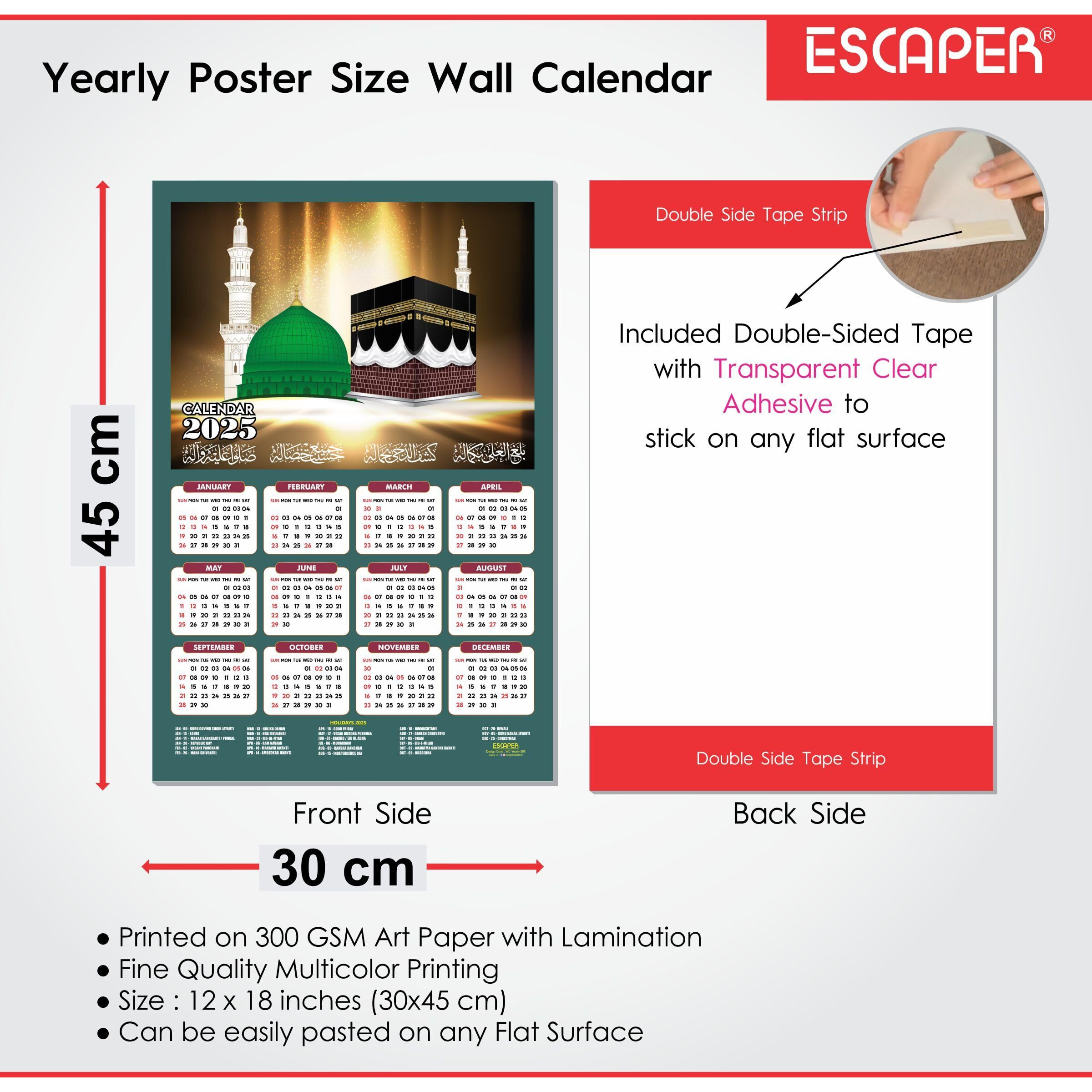 ESCAPER Muslim Wall Calendar 2025 hanging Decoration (45 x 30 cm), Islamic Wall Decor, Arabic Calligraphy Wall Calendar 2025, Allah Wall Calendar 2025, Muslim home decor items, New Year Calendar 2025
