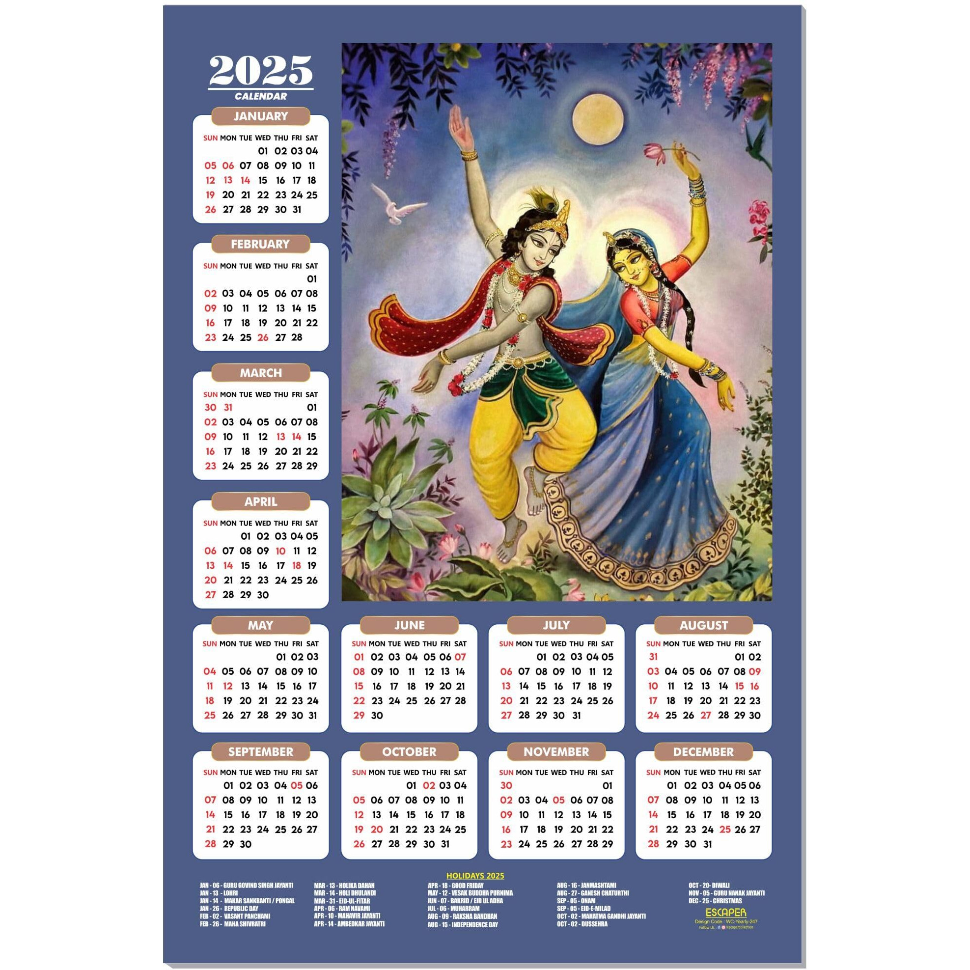 ESCAPER Shree Krishna Wall Calendar 2025 (45 x 30 cm) - Radha Krishna Wall Decor, Laddu Gopal Photo, Bal Krishna Wall Calendar 2025, Religious Wall Calendar 2025, Bal Gopal Photo