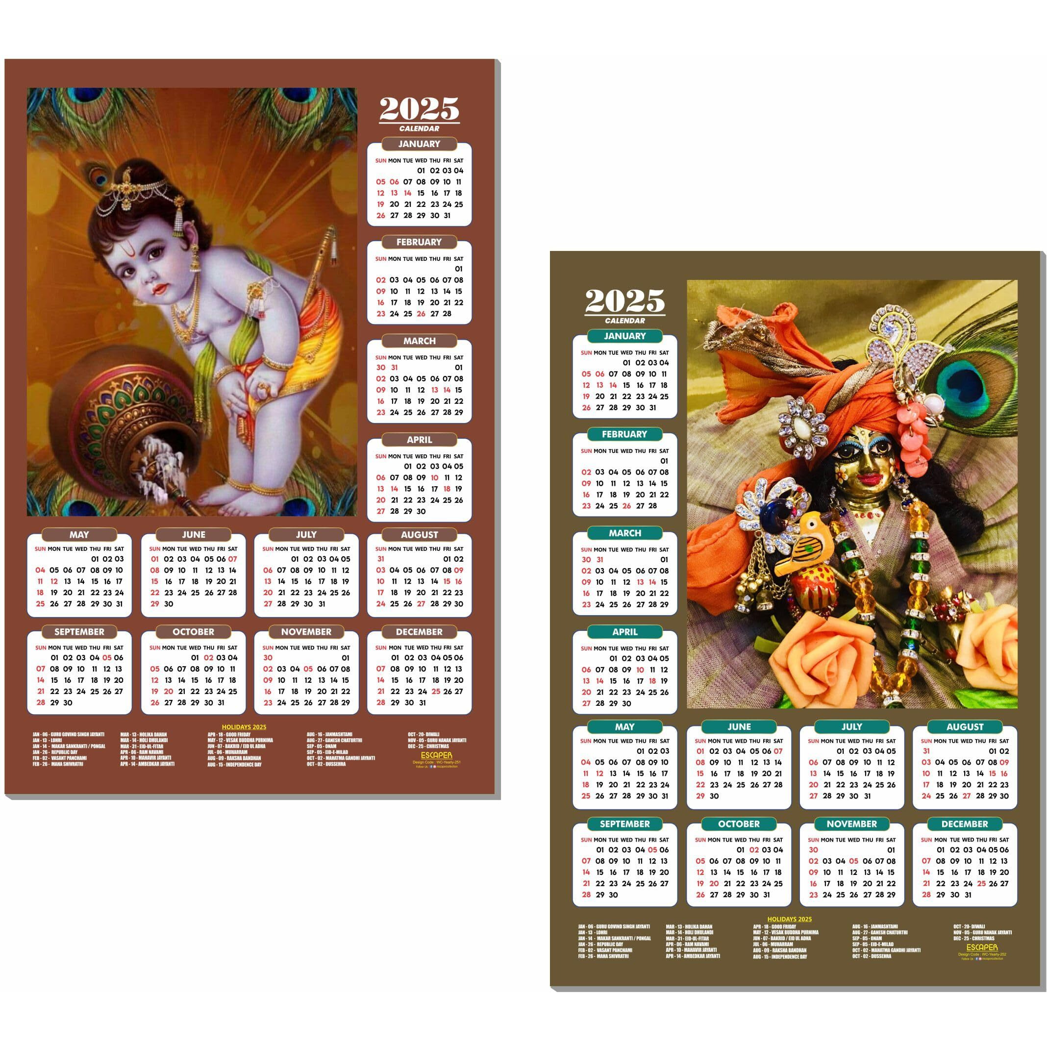 ESCAPER Shree Krishna Wall Calendar 2025 (45 x 30 cm) - Radha Krishna Wall Decor, Laddu Gopal Photo, Bal Krishna Wall Calendar 2025, Religious Wall Calendar 2025, Bal Gopal Photo
