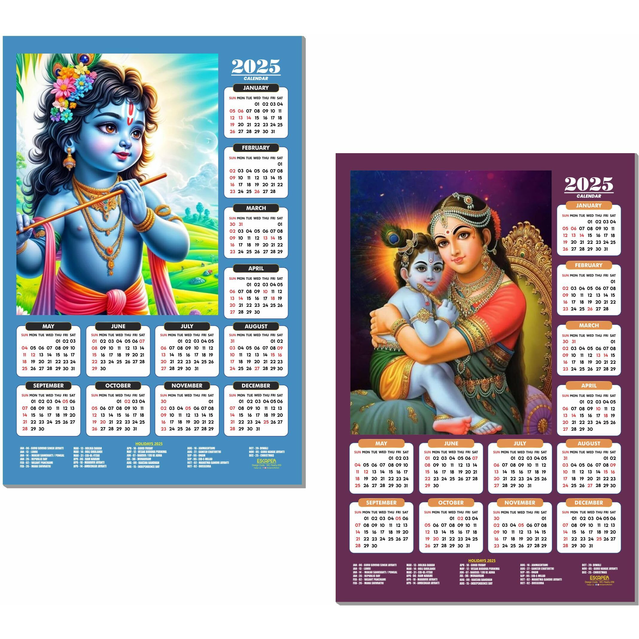 ESCAPER Shree Krishna Wall Calendar 2025 (45 x 30 cm) - Radha Krishna Wall Decor, Laddu Gopal Photo, Bal Krishna Wall Calendar 2025, Religious Wall Calendar 2025, Bal Gopal Photo