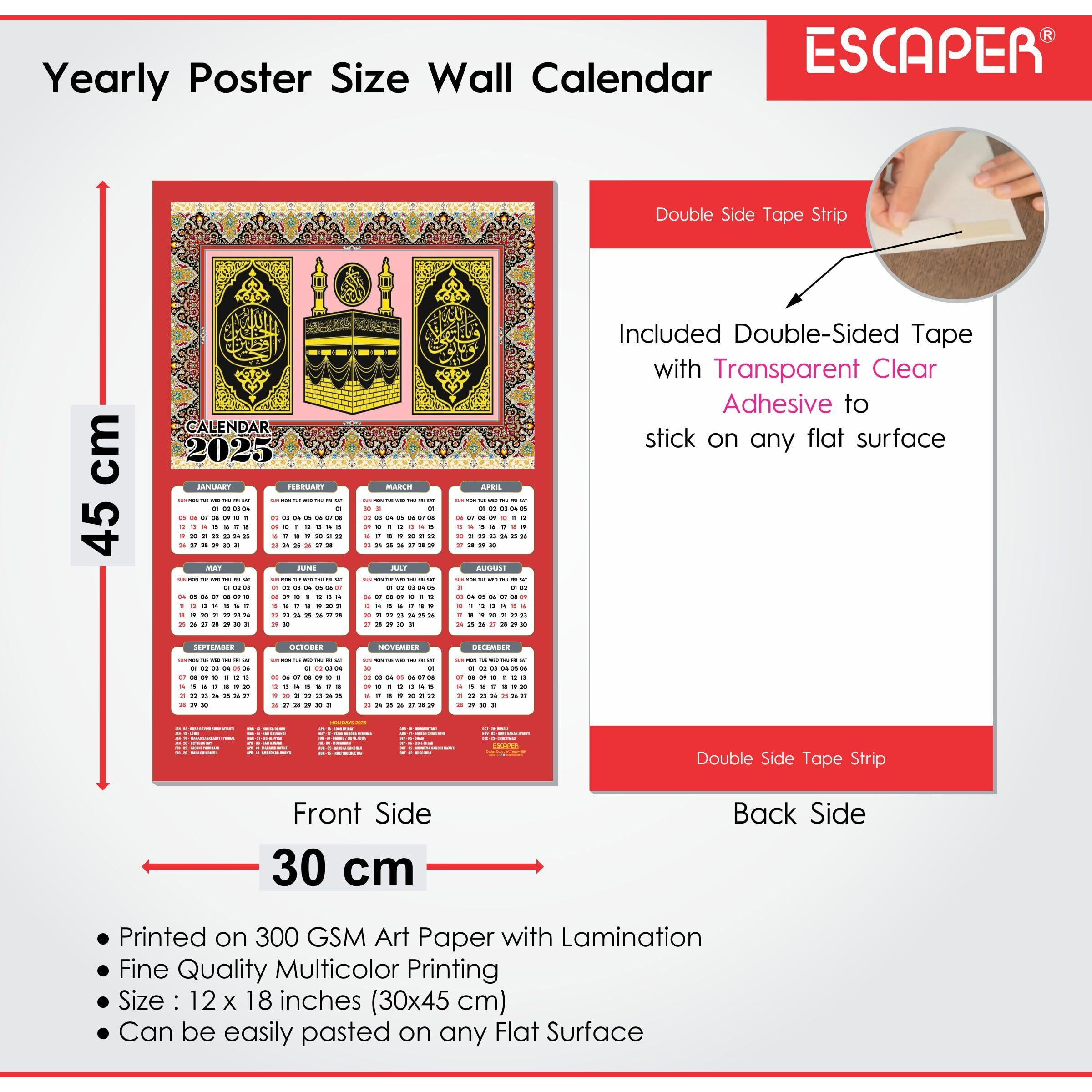 ESCAPER Muslim Wall Calendar 2025 hanging Decoration (45 x 30 cm), Islamic Wall Decor, Arabic Calligraphy Wall Calendar 2025, Allah Wall Calendar 2025, Muslim home decor items, New Year Calendar 2025