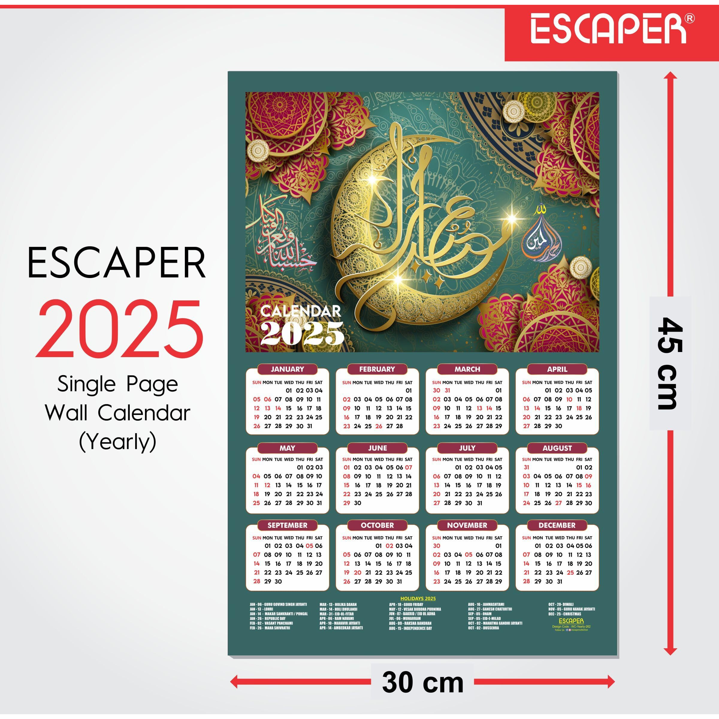ESCAPER Muslim Wall Calendar 2025 hanging Decoration (45 x 30 cm), Islamic Wall Decor, Arabic Calligraphy Wall Calendar 2025, Allah Wall Calendar 2025, Muslim home decor items, New Year Calendar 2025