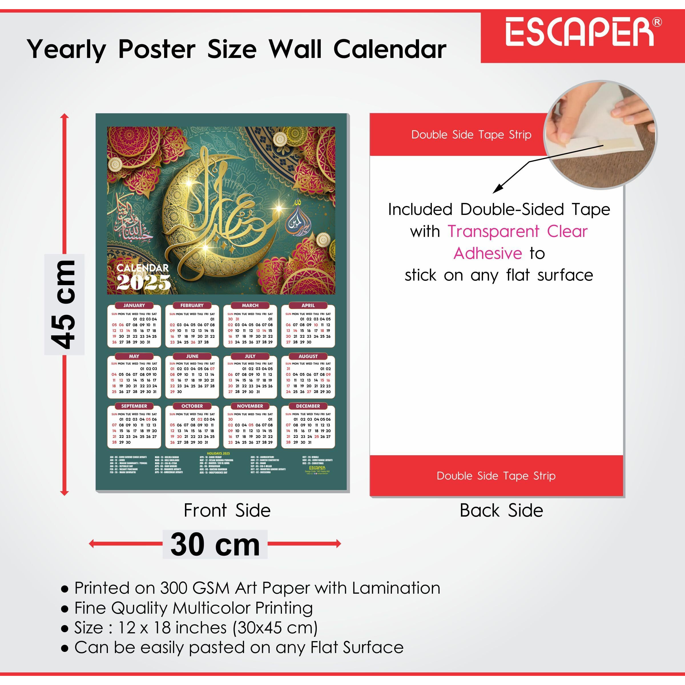 ESCAPER Muslim Wall Calendar 2025 hanging Decoration (45 x 30 cm), Islamic Wall Decor, Arabic Calligraphy Wall Calendar 2025, Allah Wall Calendar 2025, Muslim home decor items, New Year Calendar 2025