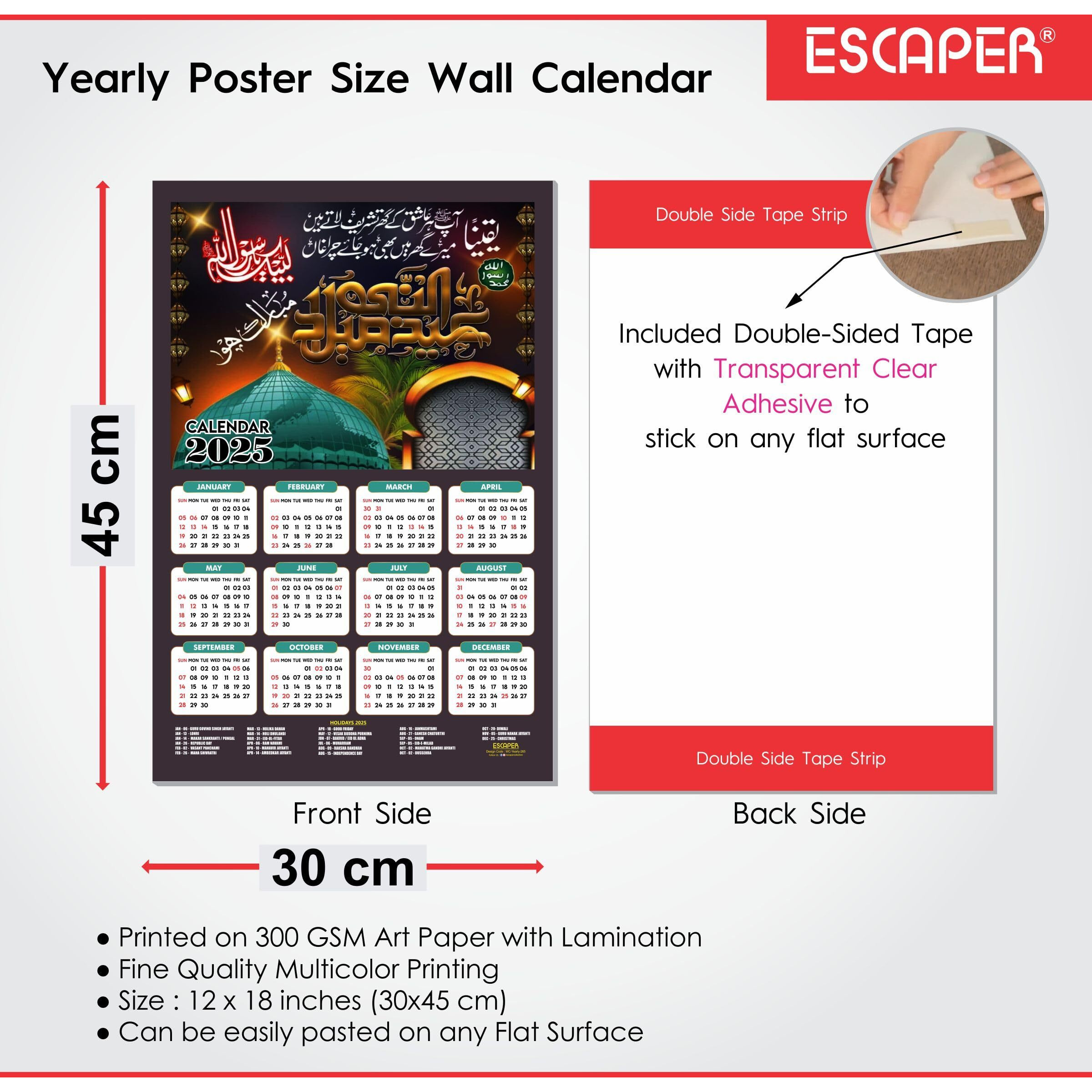 ESCAPER Muslim Wall Calendar 2025 hanging Decoration (45 x 30 cm), Islamic Wall Decor, Arabic Calligraphy Wall Calendar 2025, Allah Wall Calendar 2025, Muslim home decor items, New Year Calendar 2025