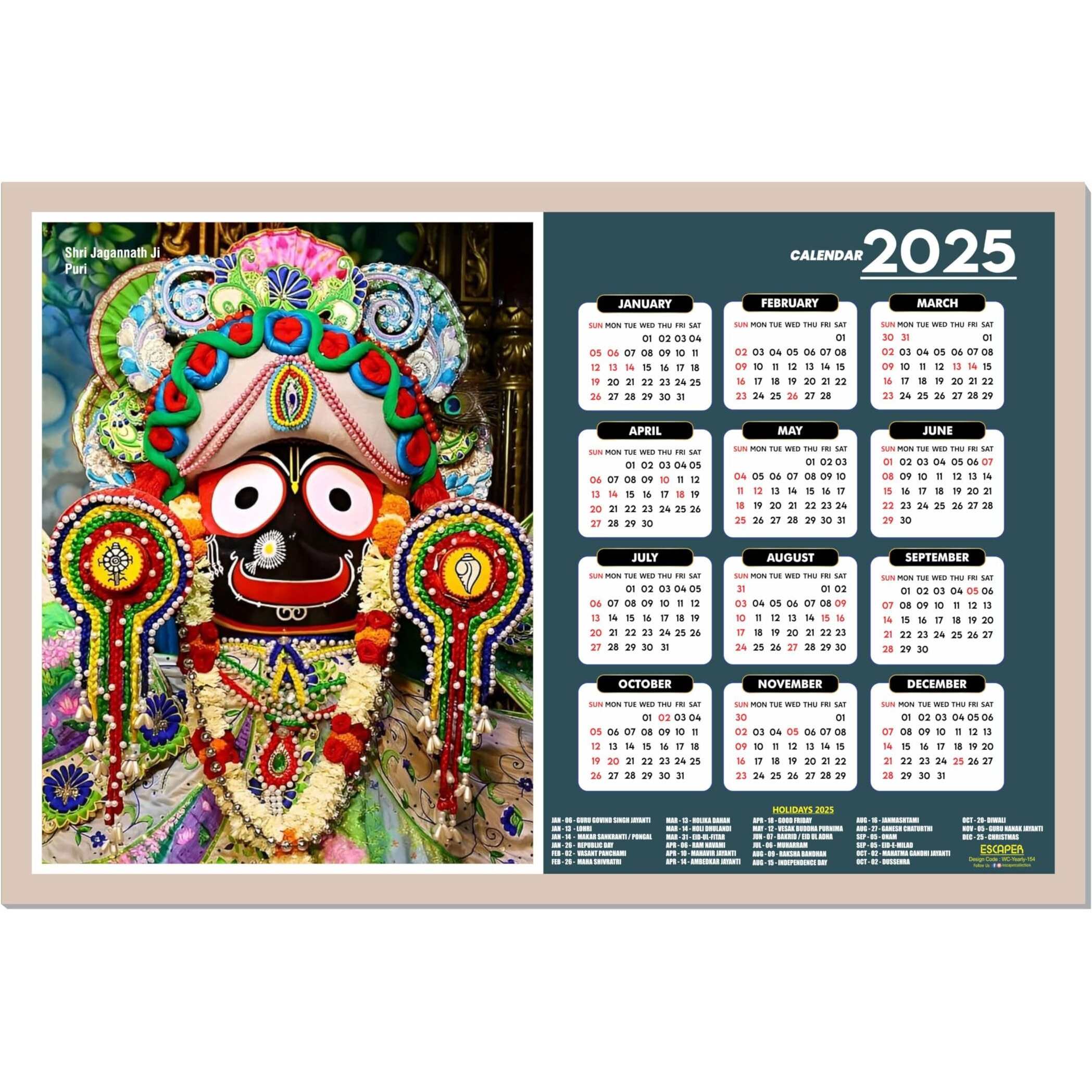 ESCAPER Jaganath Ji Wall Calendar 2025 (45 x 30 cm), Jaganath Ji Wall Calendar 2025, Jaganath Ji Photos, Religious Wall Calendar 2025, Jaganath Ji Wall Calendar 2025, Hindu God Photos, Hindu God Temple Wall Calendar 2025 for room decoration