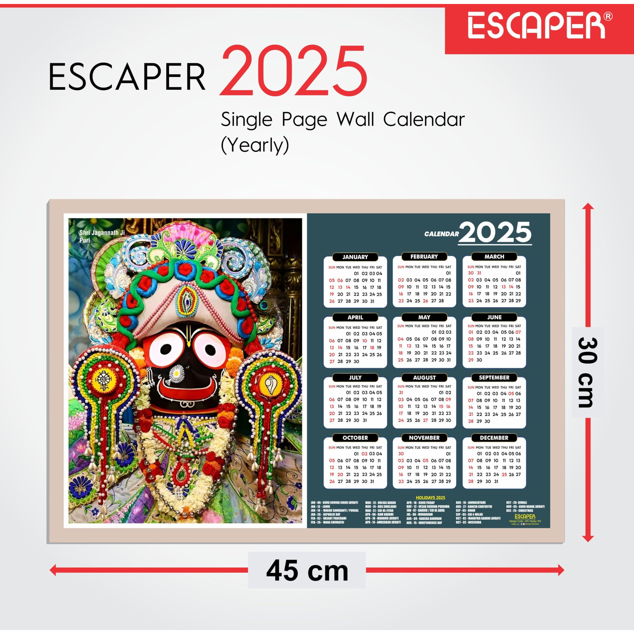 ESCAPER Jaganath Ji Wall Calendar 2025 (45 x 30 cm), Jaganath Ji Wall Calendar 2025, Jaganath Ji Photos, Religious Wall Calendar 2025, Jaganath Ji Wall Calendar 2025, Hindu God Photos, Hindu God Temple Wall Calendar 2025 for room decoration